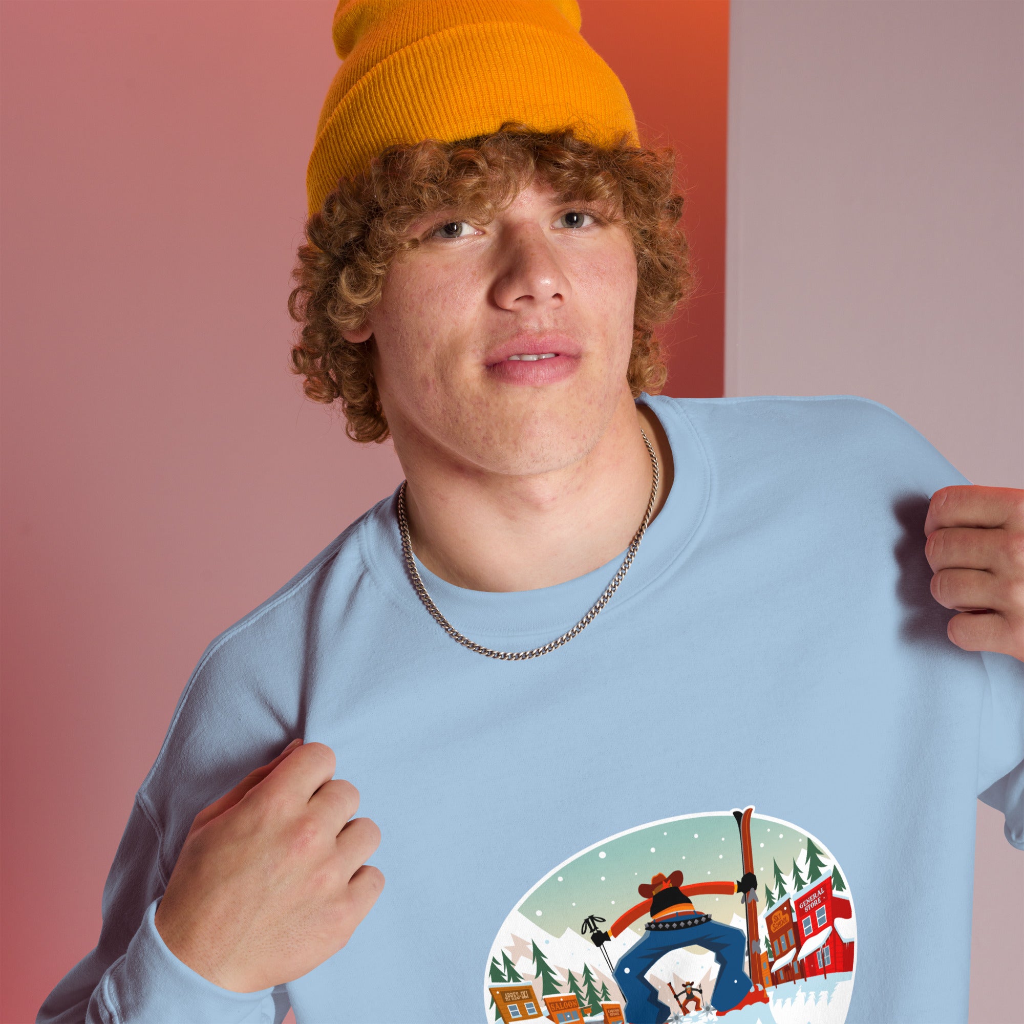 Sweat Unisexe à Col Rond Ski Fight at OK Corral sur couleurs claires (face & dos)