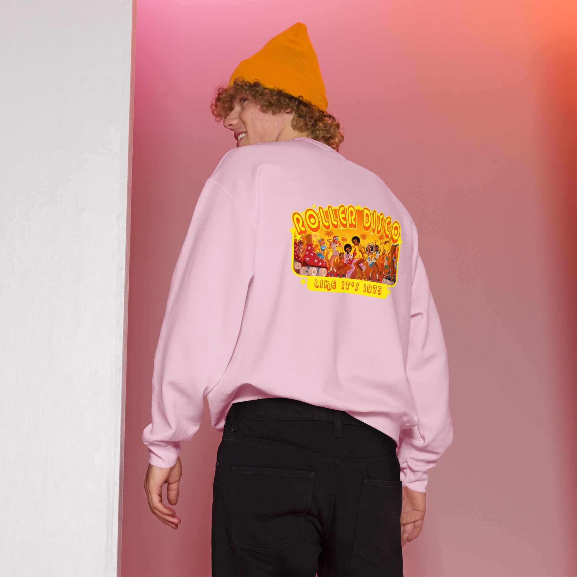 Sweat Unisexe à Col Rond Roller Disco 1975 sur couleurs claires (face & dos)