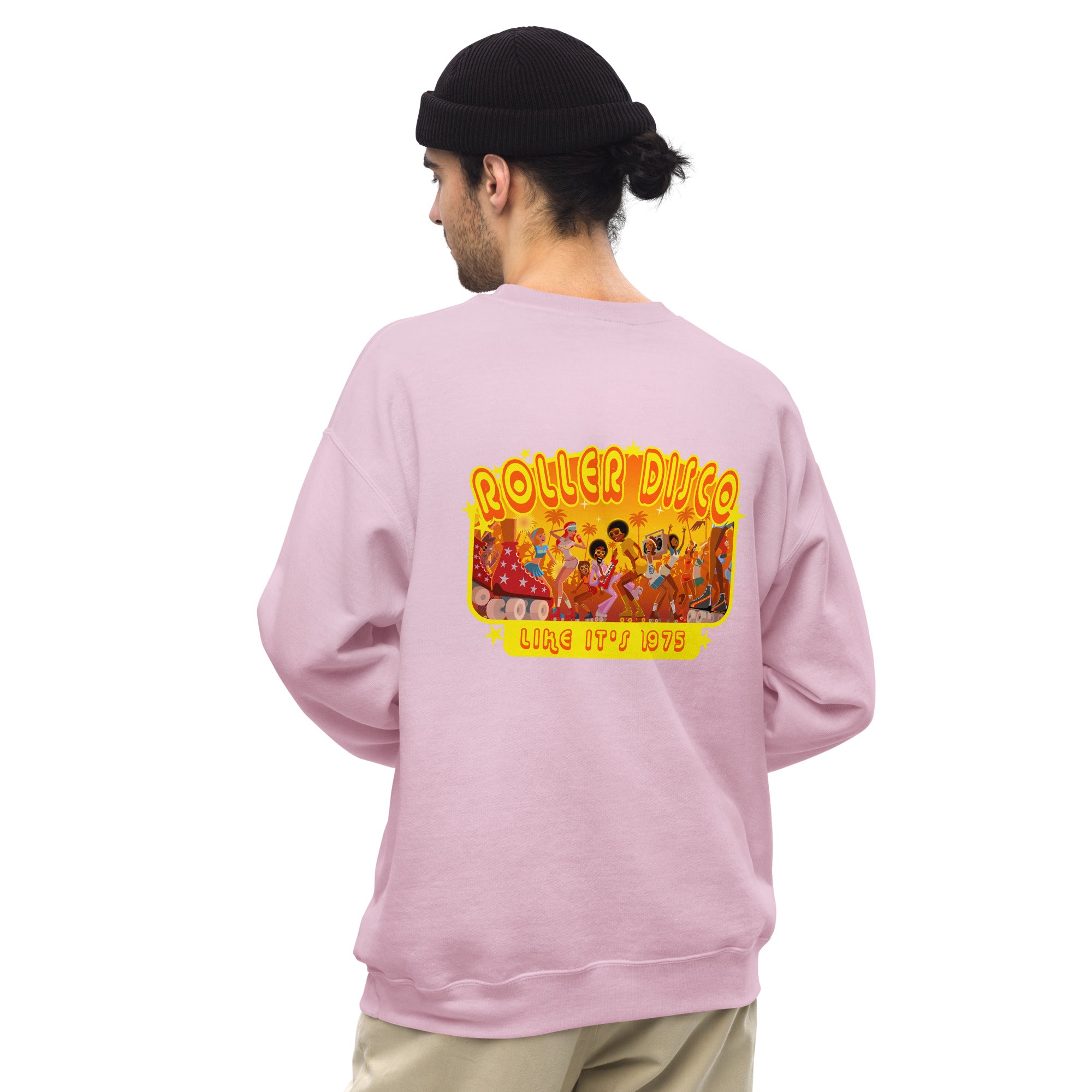 Sweat Unisexe à Col Rond Roller Disco 1975 sur couleurs claires (face & dos)