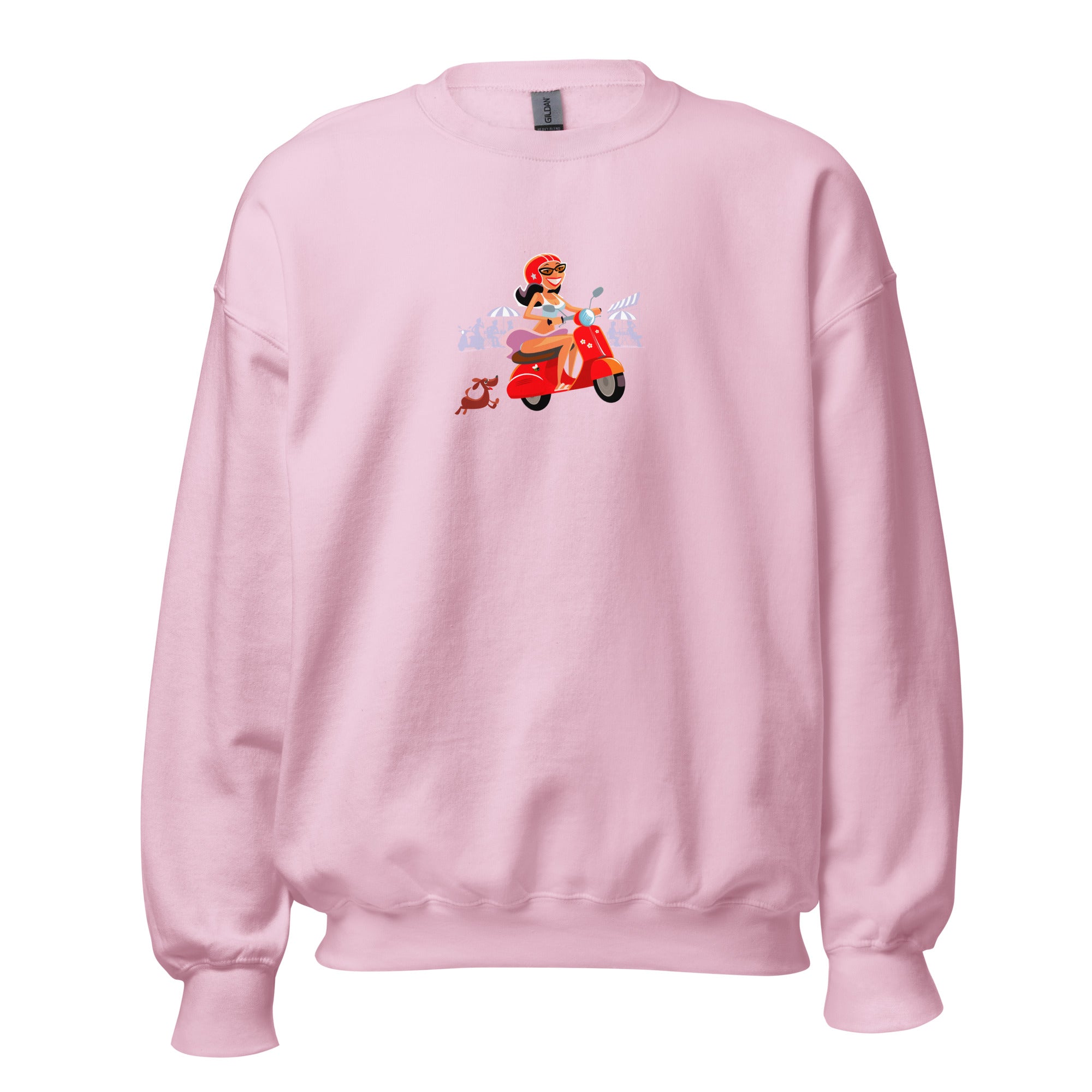 Sweat Unisexe à Col Rond Vespa Girl in St Tropez sur couleurs claires