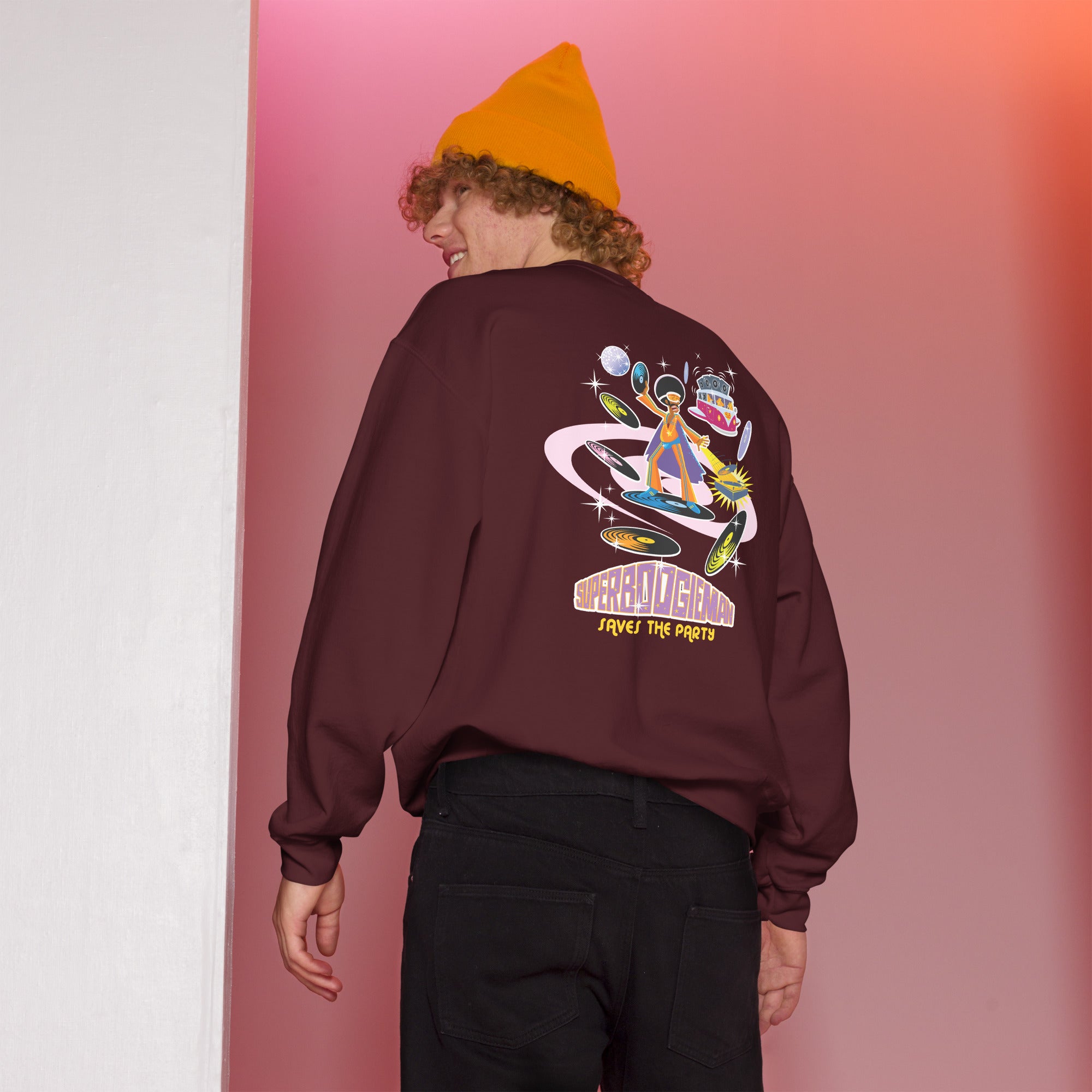 Sweat Unisexe à Col Rond Superboogieman sur couleurs foncées (face & dos)