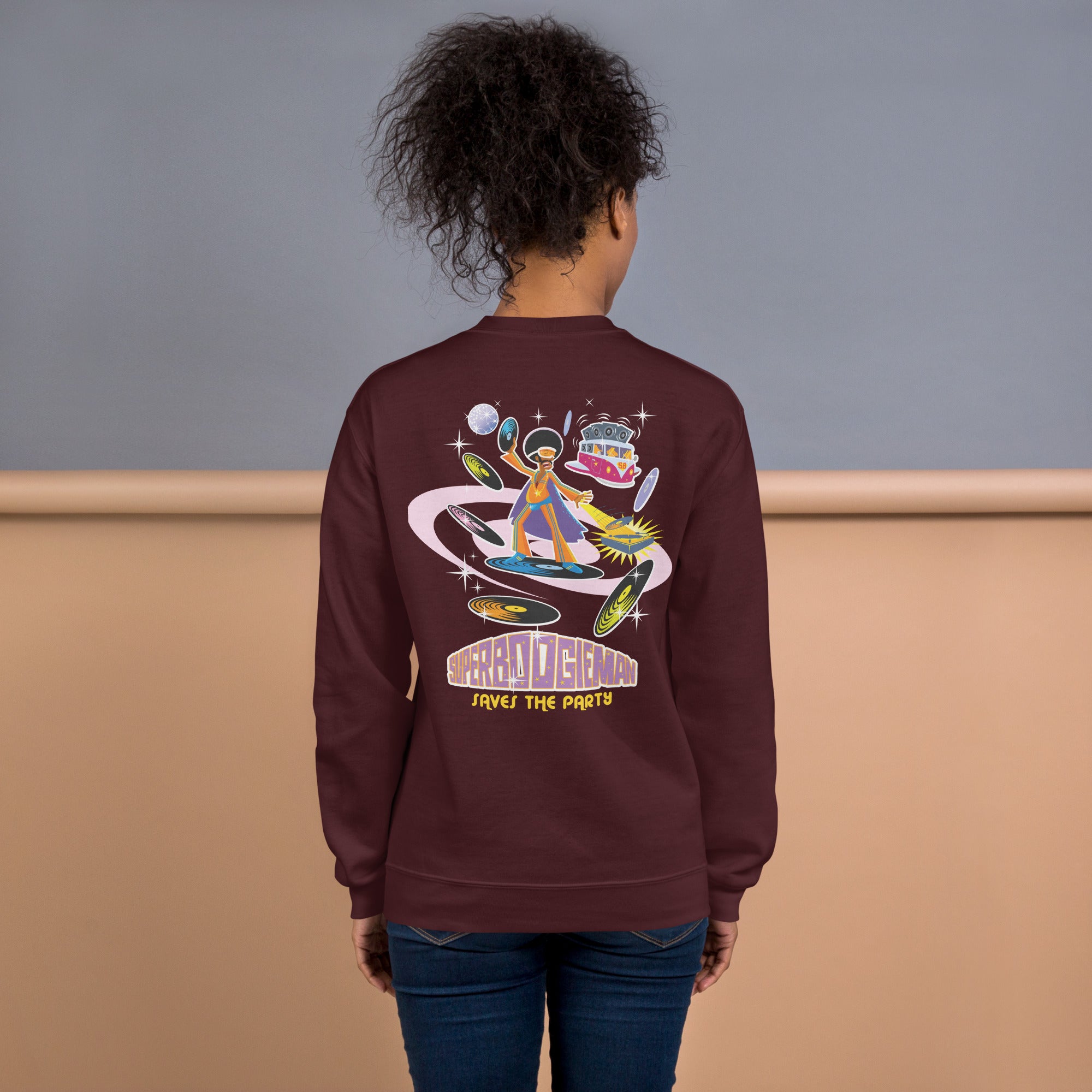 Sweat Unisexe à Col Rond Superboogieman sur couleurs foncées (face & dos)