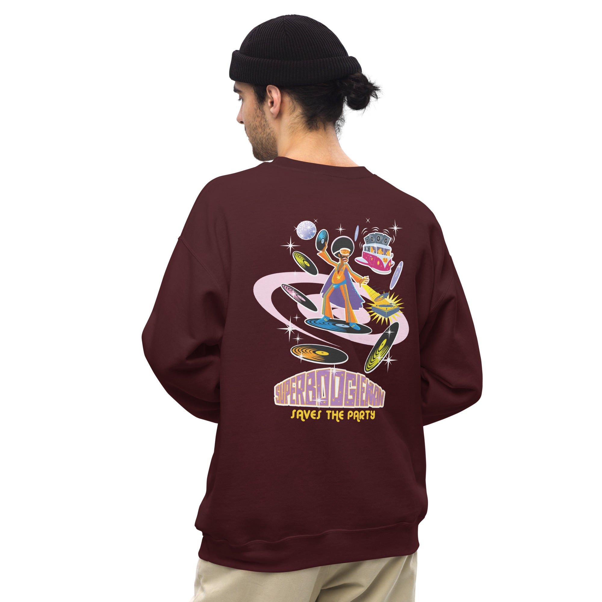 Sweat Unisexe à Col Rond Superboogieman sur couleurs foncées (face & dos)