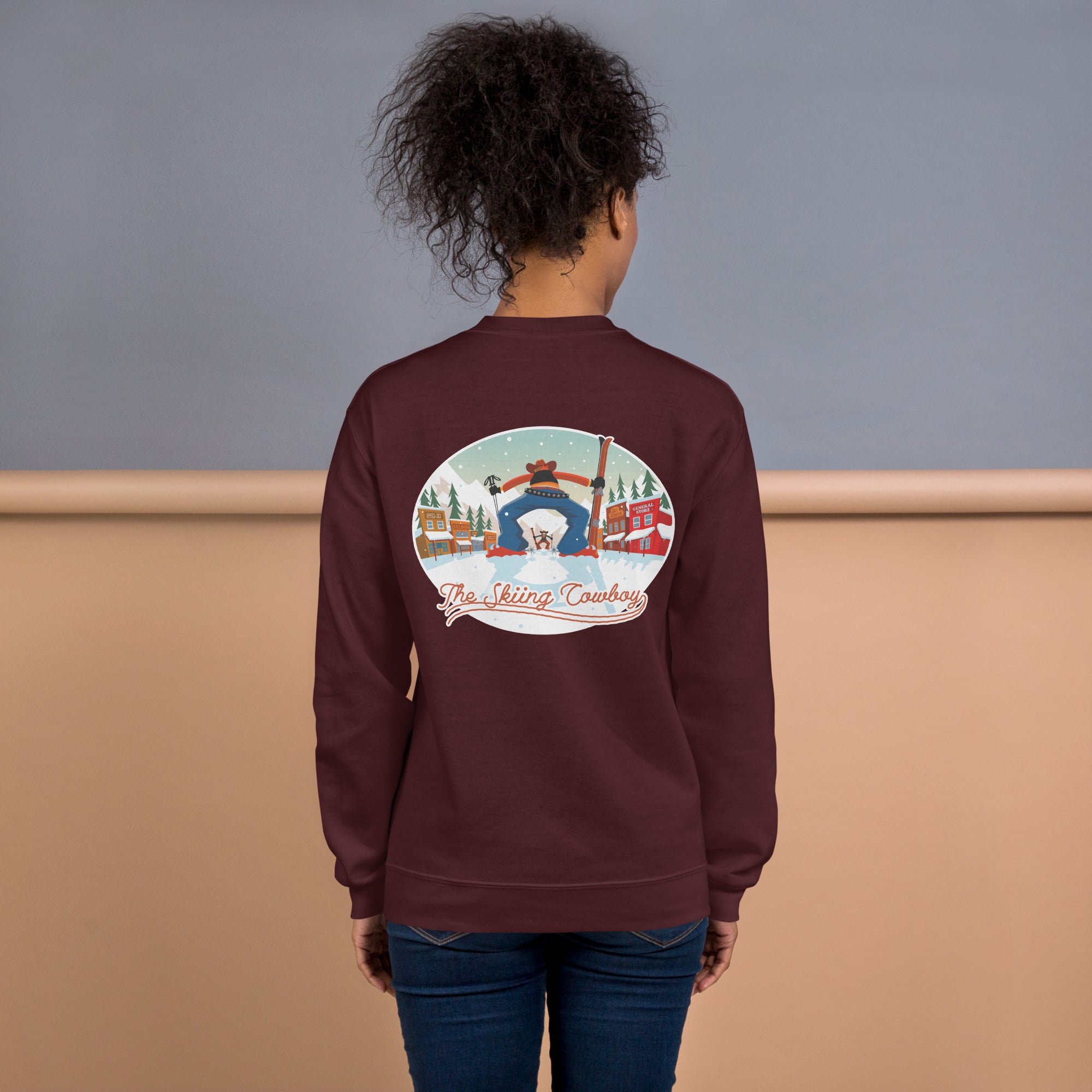 Sweat Unisexe à Col Rond Ski Fight at OK Corral sur couleurs foncées (face & dos)