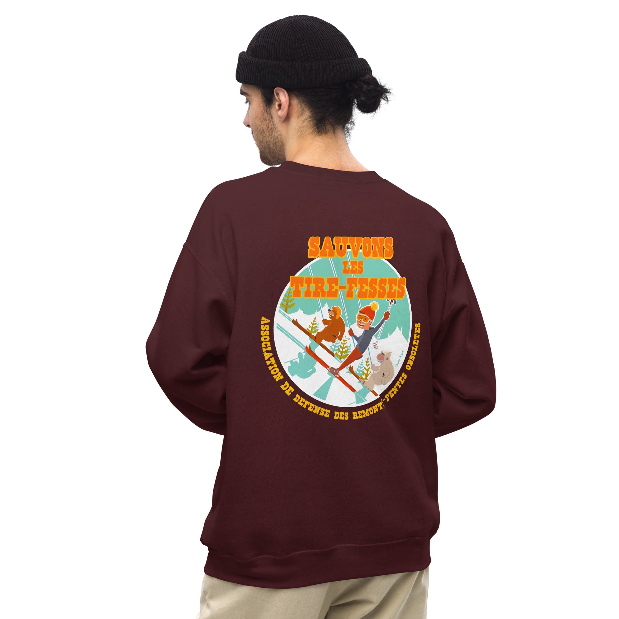 Sweat Unisexe à Col Rond Sauvons les Tires-fesses sur couleurs foncées (face & dos)
