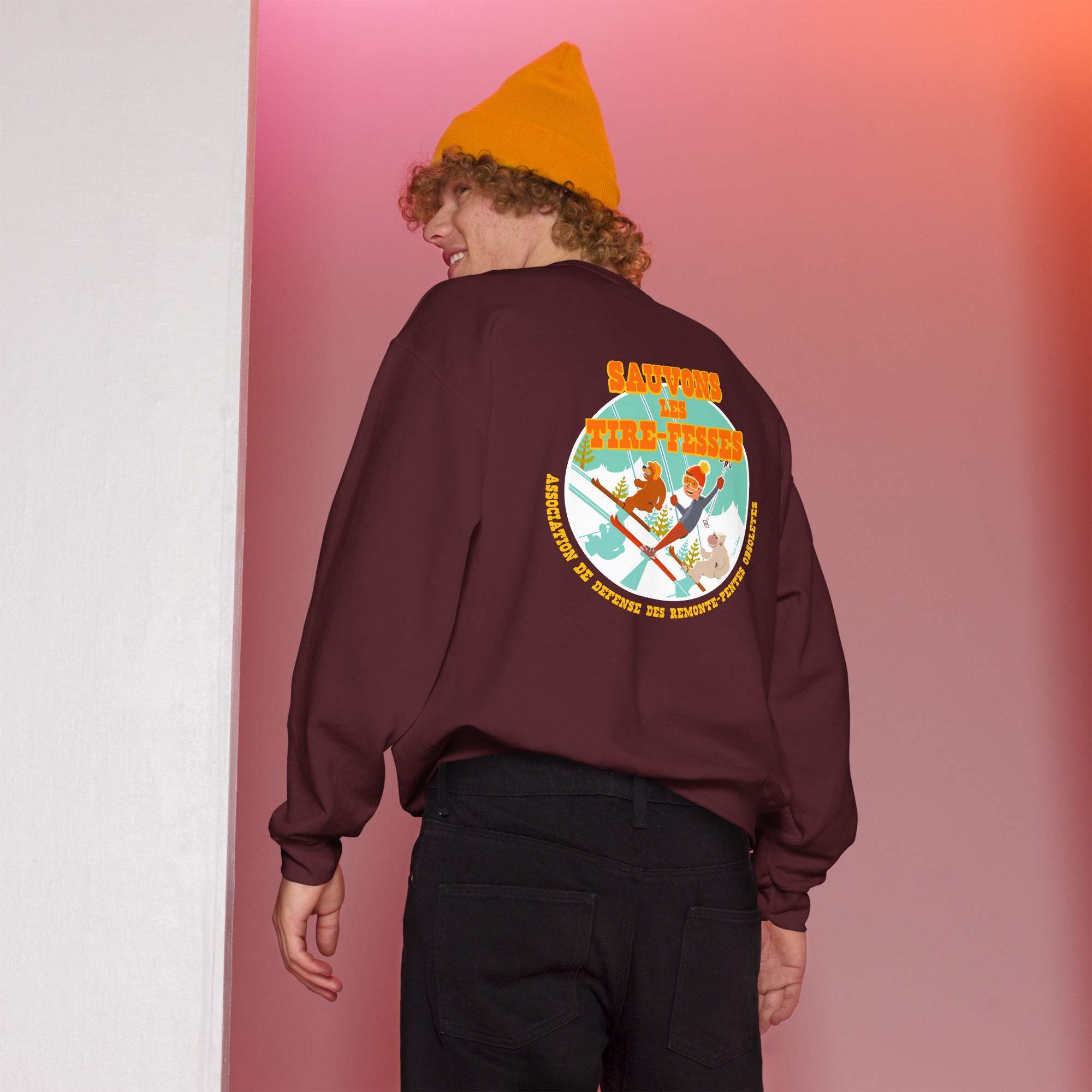 Sweat Unisexe à Col Rond Sauvons les Tires-fesses sur couleurs foncées (face & dos)