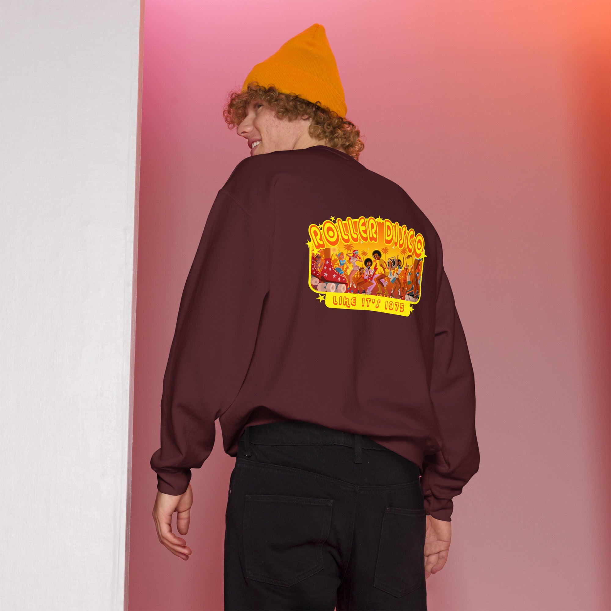 Sweat Unisexe à Col Rond Roller Disco 1975 sur couleurs foncées (face & dos)