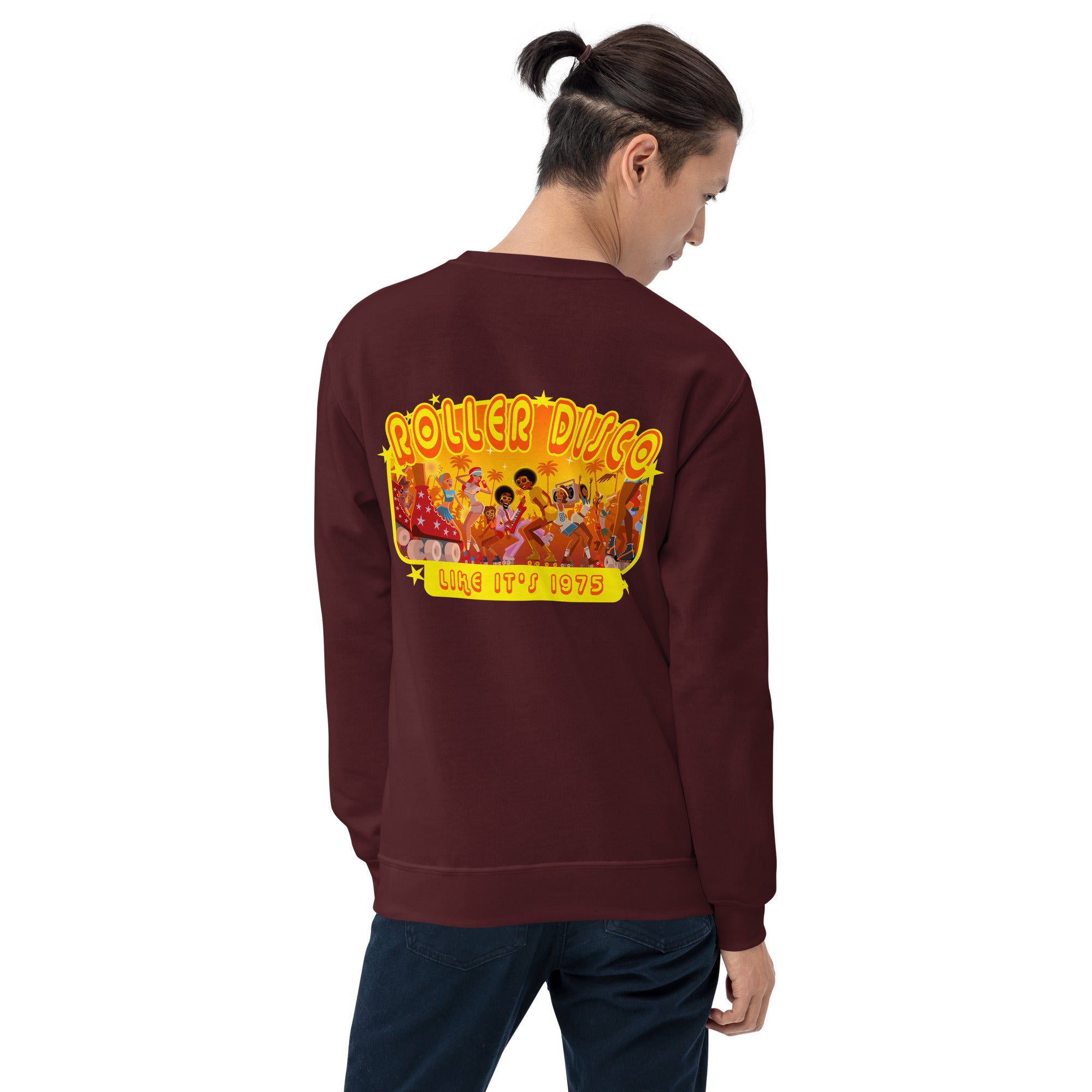 Sweat Unisexe à Col Rond Roller Disco 1975 sur couleurs foncées (face & dos)