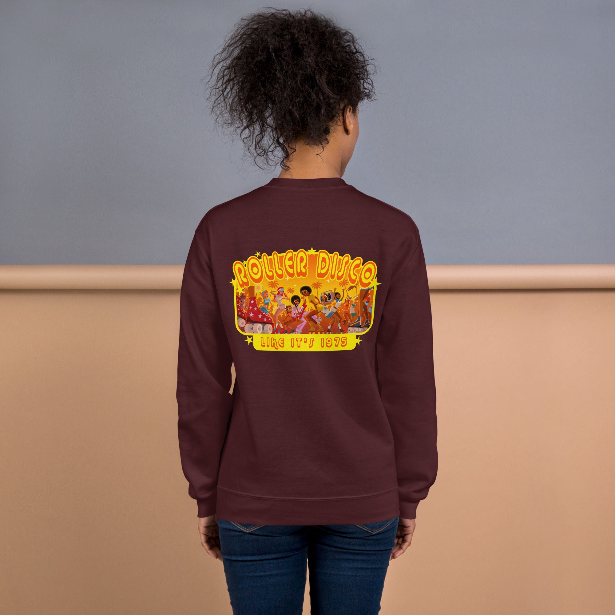 Sweat Unisexe à Col Rond Roller Disco 1975 sur couleurs foncées (face & dos)
