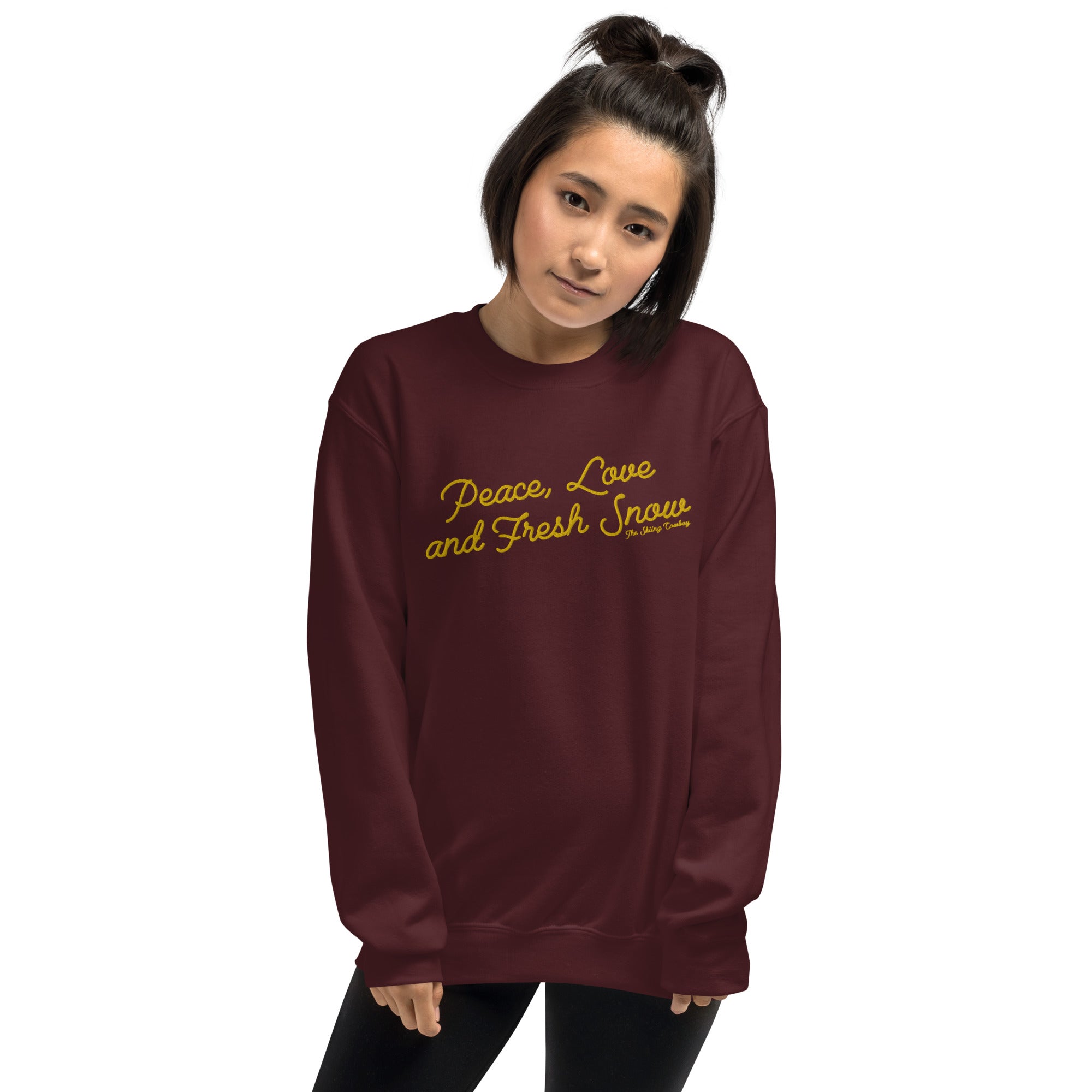 Sweat Unisexe à Col Rond Peace, Love and Fresh Snow grand motif brodé