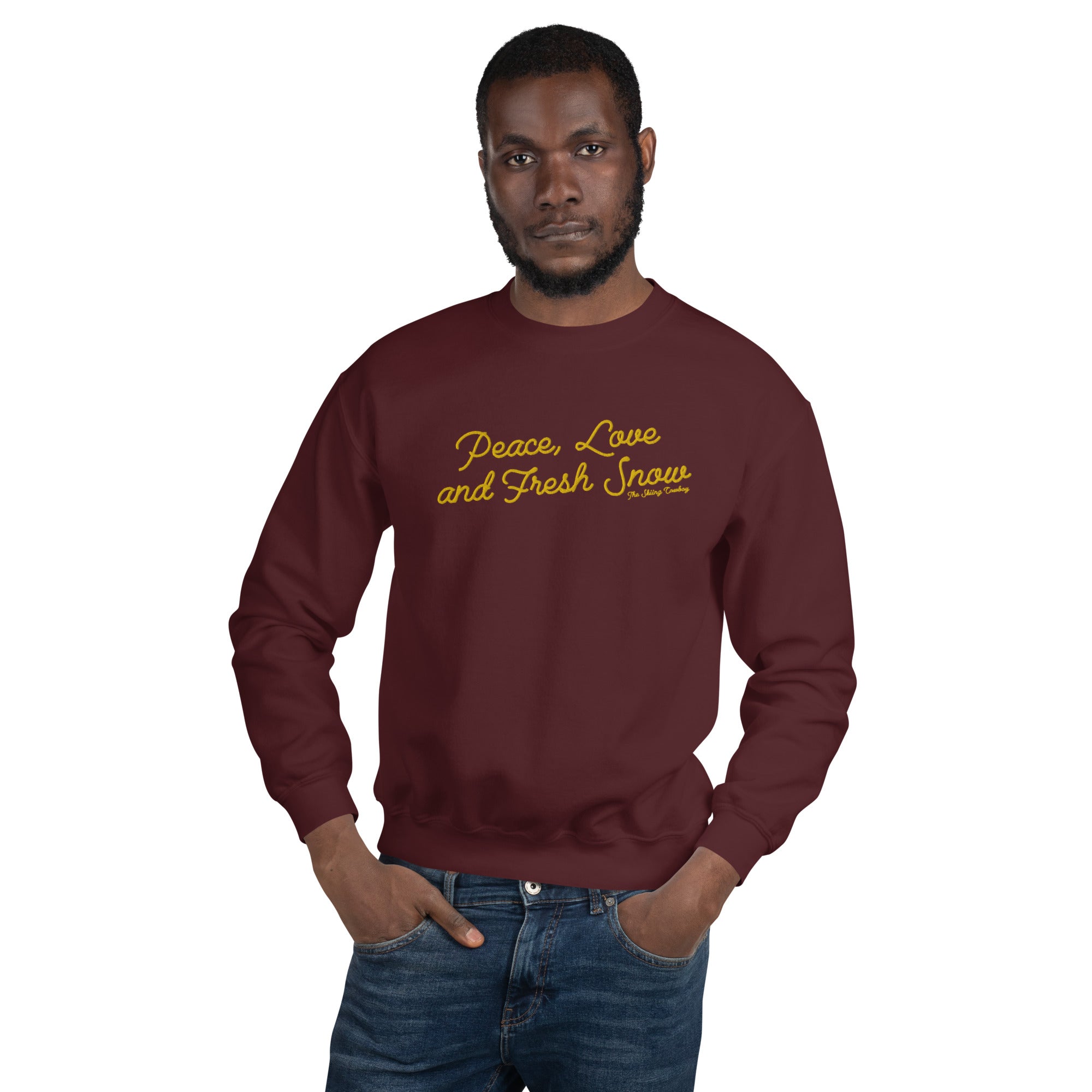Sweat Unisexe à Col Rond Peace, Love and Fresh Snow grand motif brodé