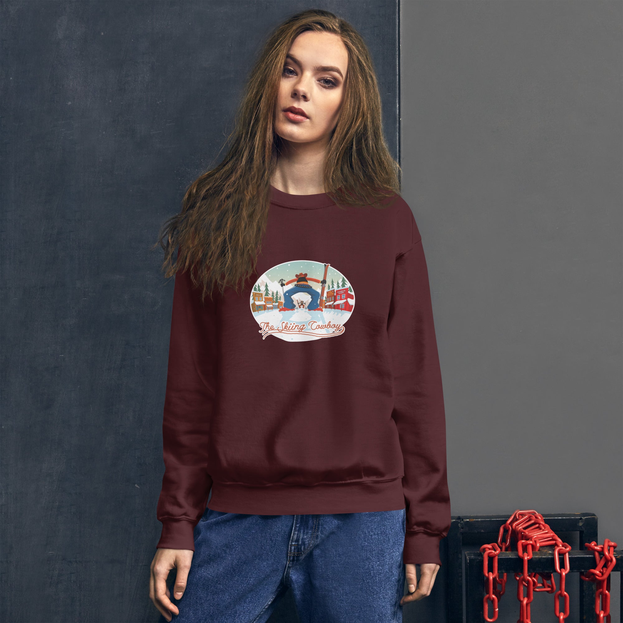 Sweat Unisexe à Col Rond Ski Fight at OK Corral sur couleurs foncées (face & dos)