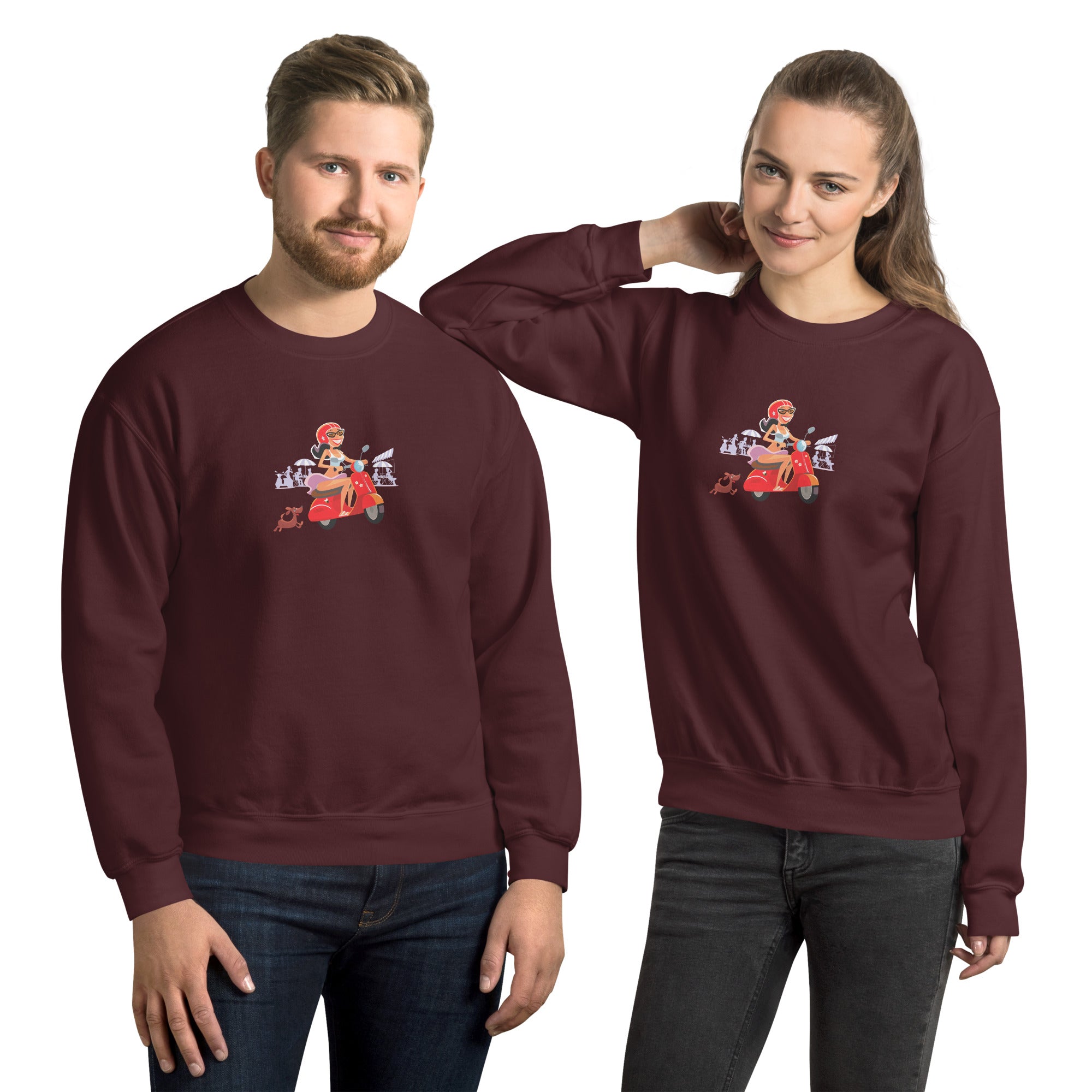 Unisex Sweatshirt Vespa Girl in St Tropez on dark colors