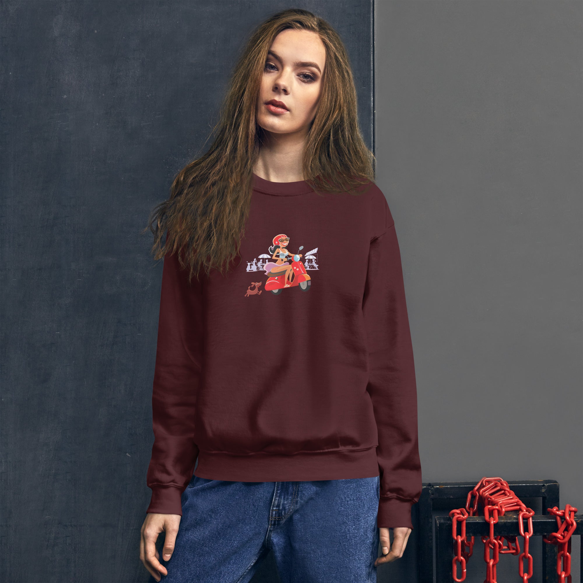 Unisex Sweatshirt Vespa Girl in St Tropez on dark colors