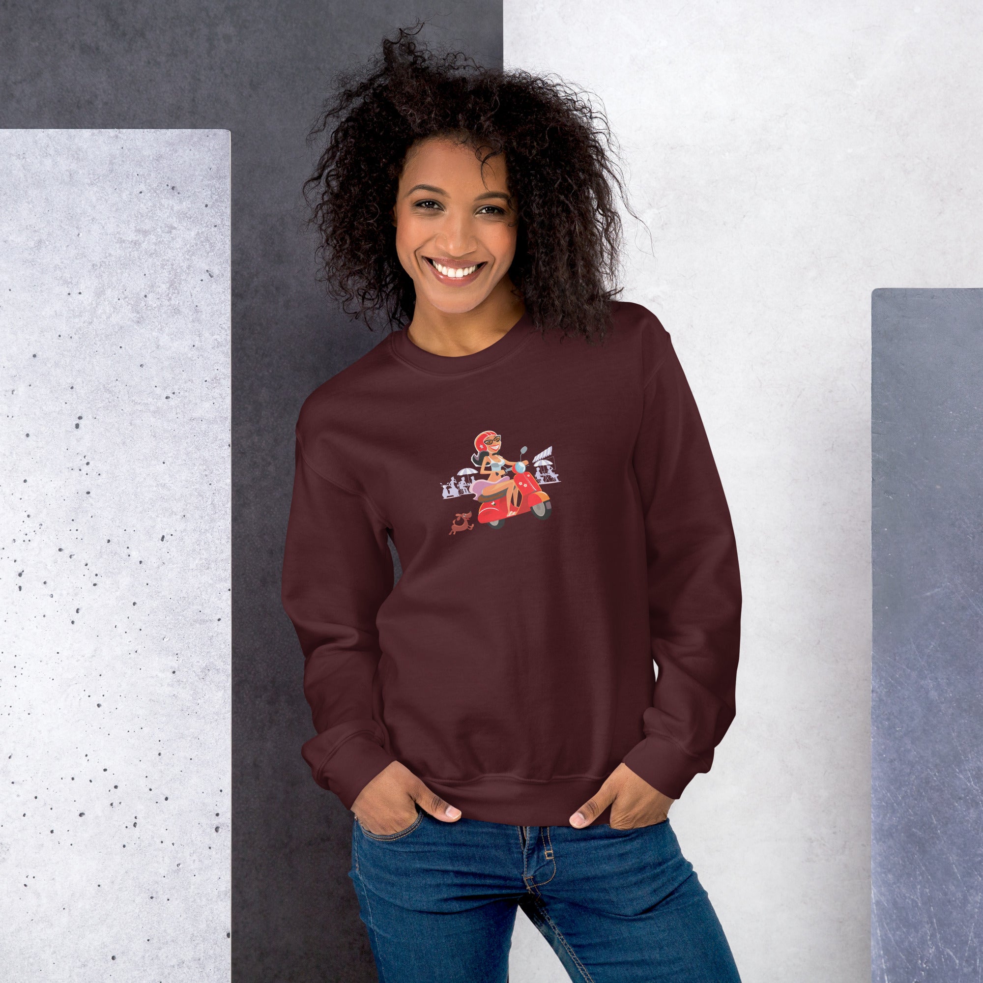 Unisex Sweatshirt Vespa Girl in St Tropez on dark colors