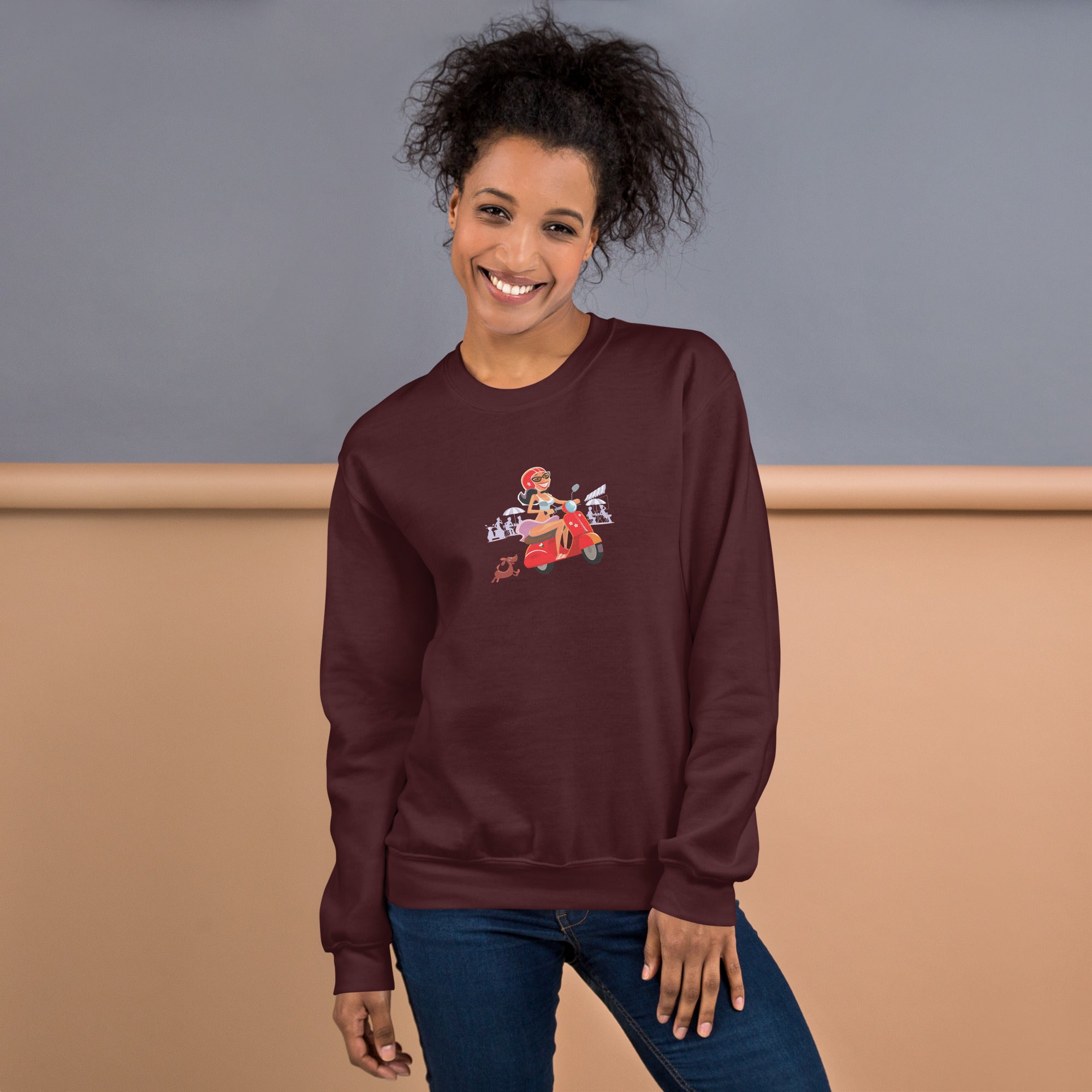 Unisex Sweatshirt Vespa Girl in St Tropez on dark colors