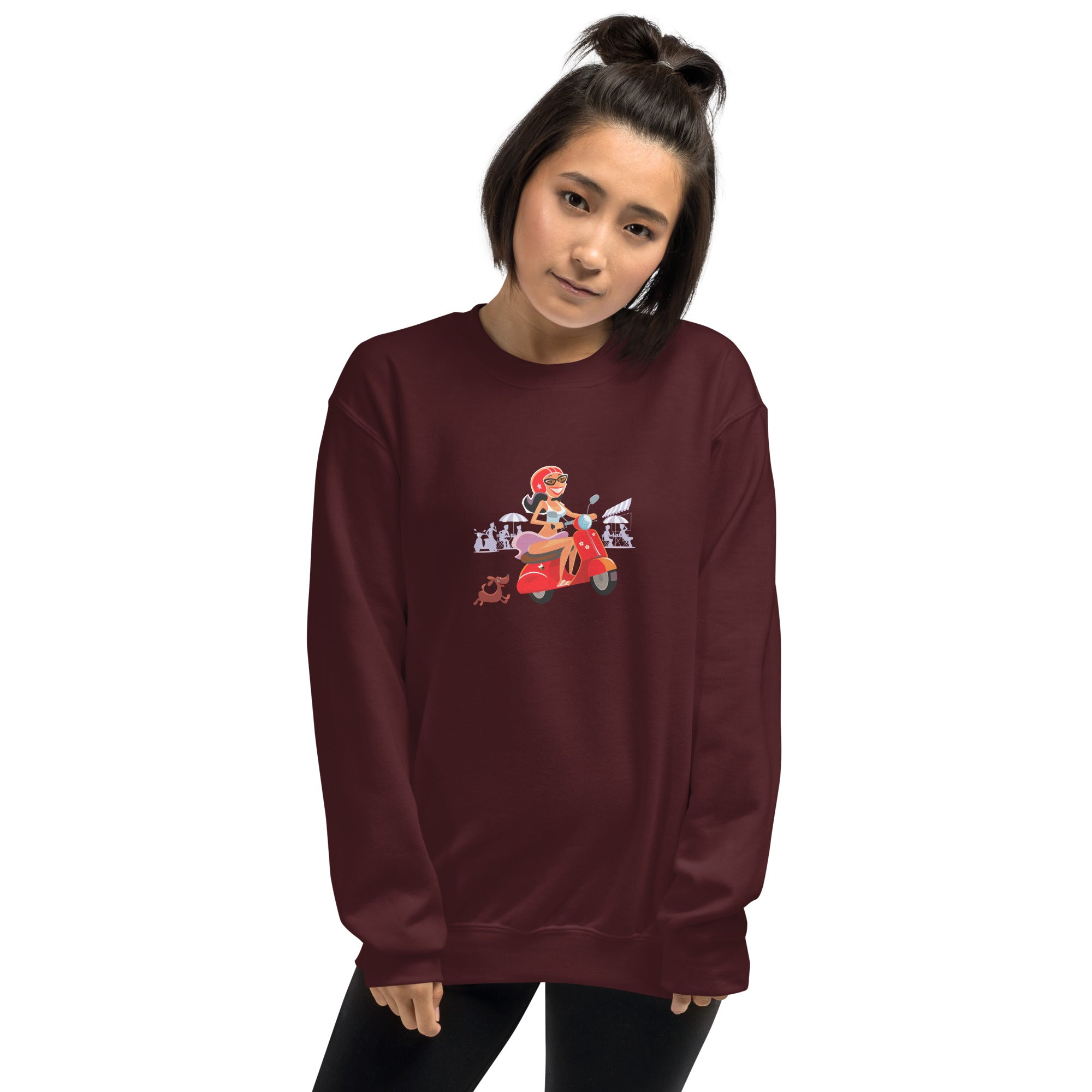 Unisex Sweatshirt Vespa Girl in St Tropez on dark colors