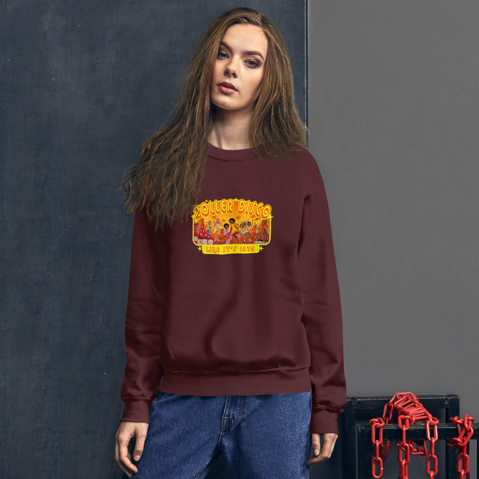 Sweat Unisexe à Col Rond Roller Disco 1975 sur couleurs foncées (face & dos)