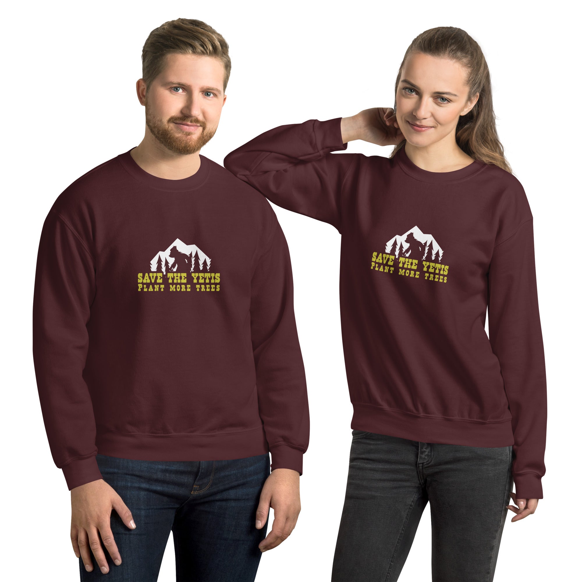 Unisex Sweatshirt Save the Yetis, Plant more Trees on dark colors