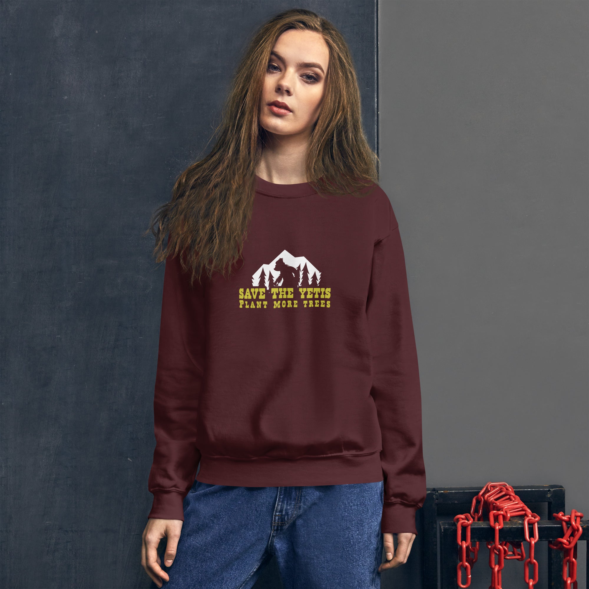 Unisex Sweatshirt Save the Yetis, Plant more Trees on dark colors