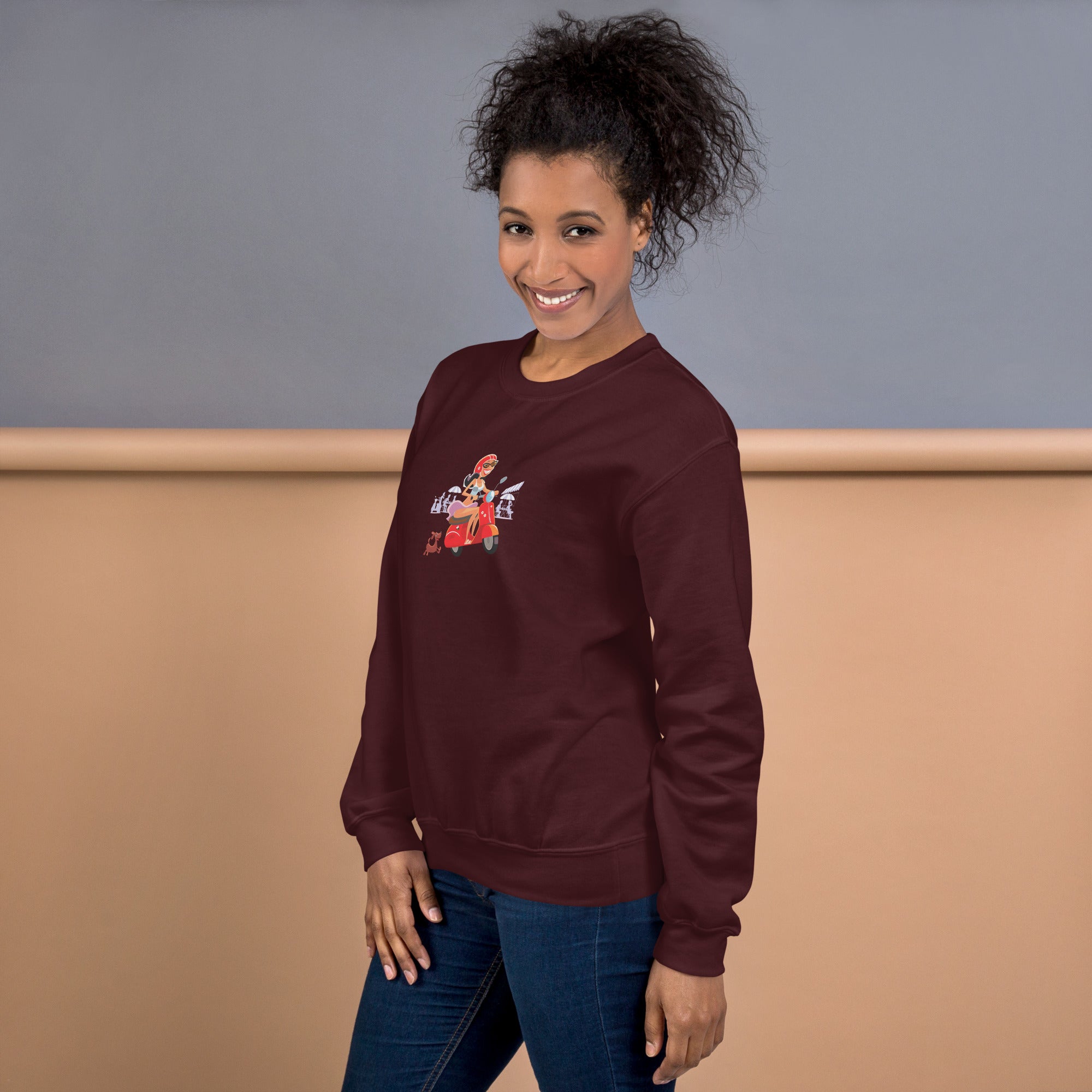 Unisex Sweatshirt Vespa Girl in St Tropez on dark colors