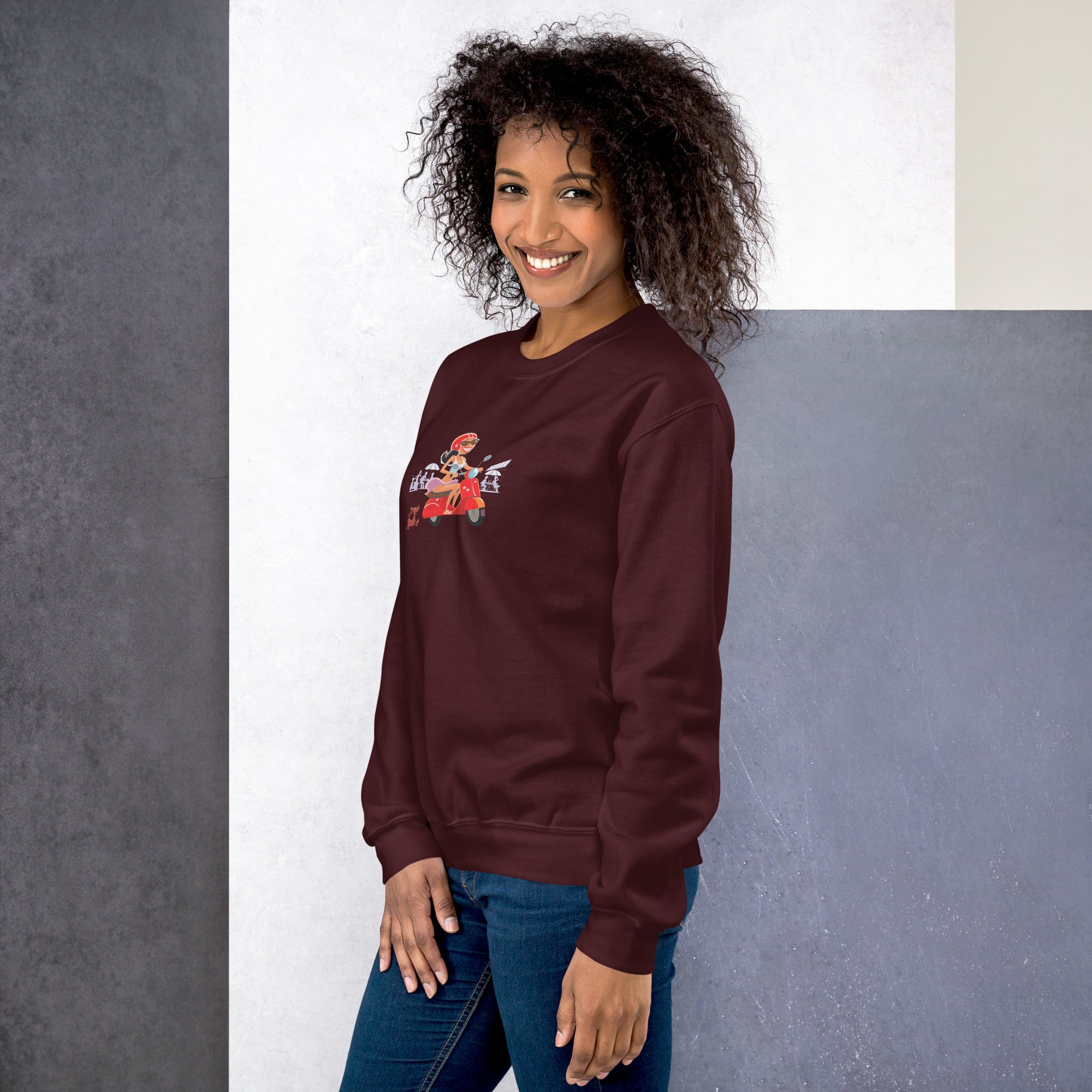 Unisex Sweatshirt Vespa Girl in St Tropez on dark colors