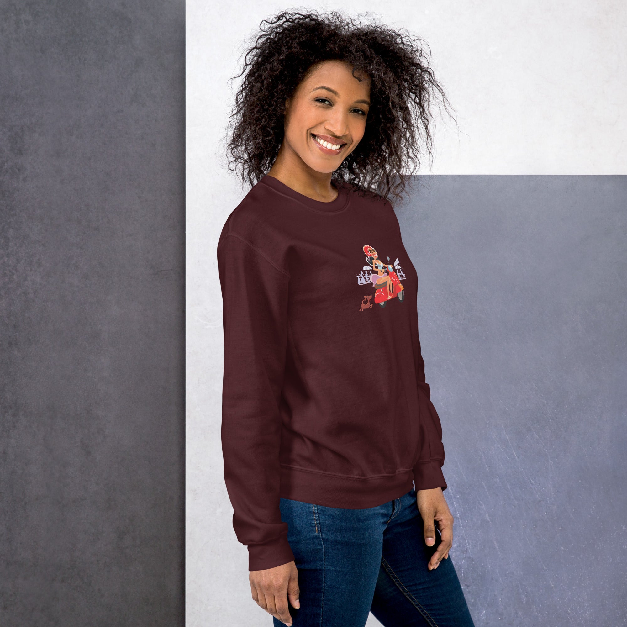 Unisex Sweatshirt Vespa Girl in St Tropez on dark colors