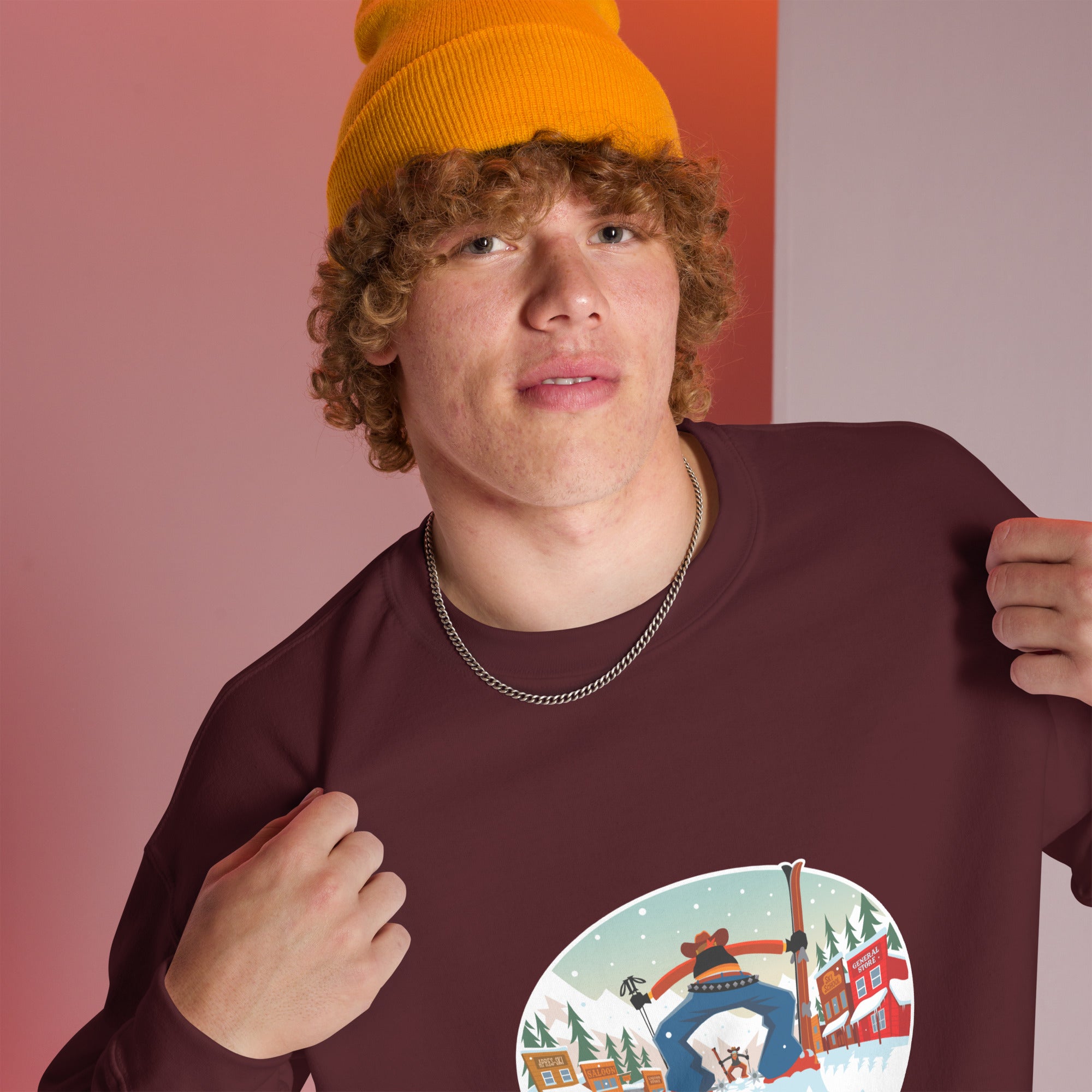 Sweat Unisexe à Col Rond Ski Fight at OK Corral sur couleurs foncées (face & dos)