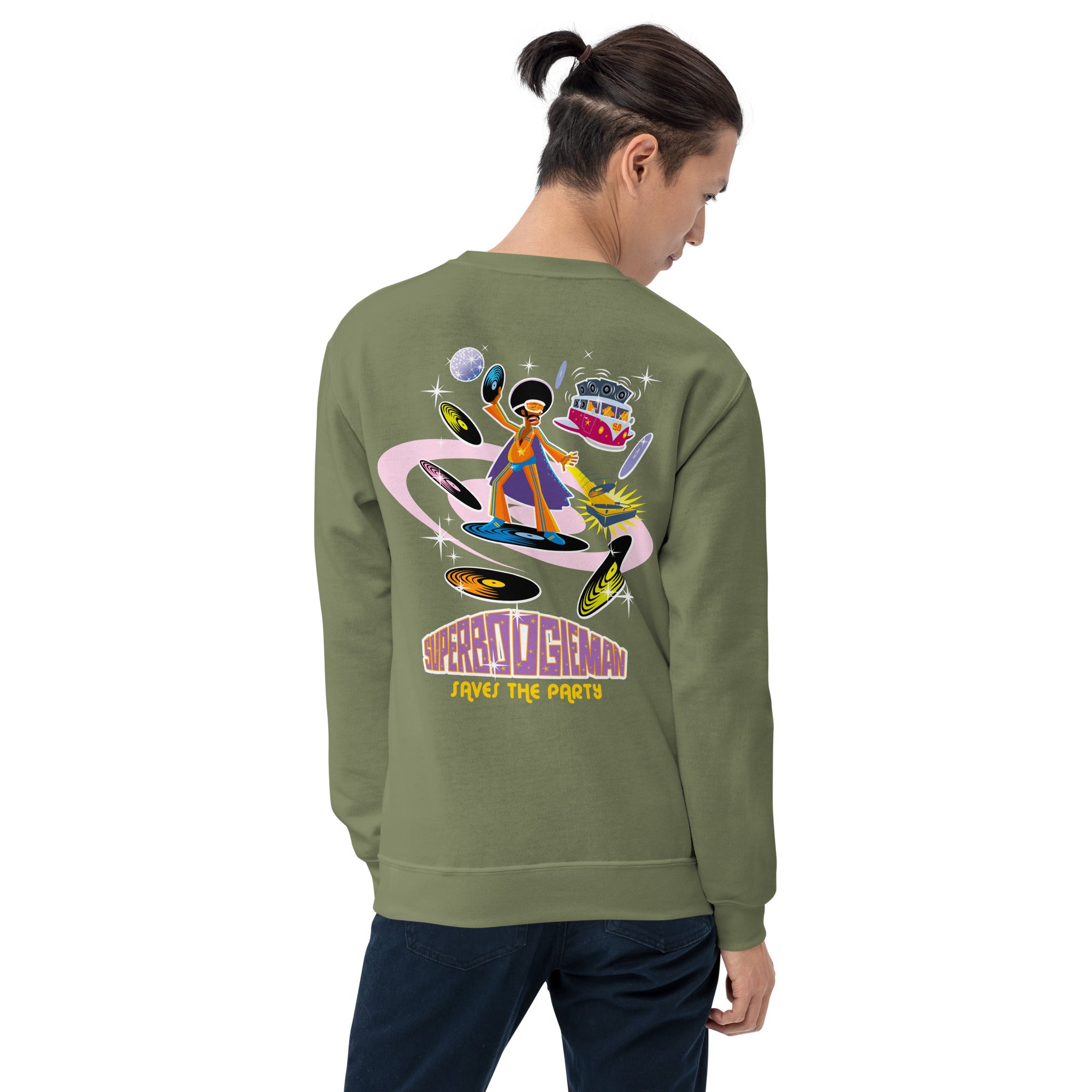 Sweat Unisexe à Col Rond Superboogieman sur couleurs foncées (face & dos)