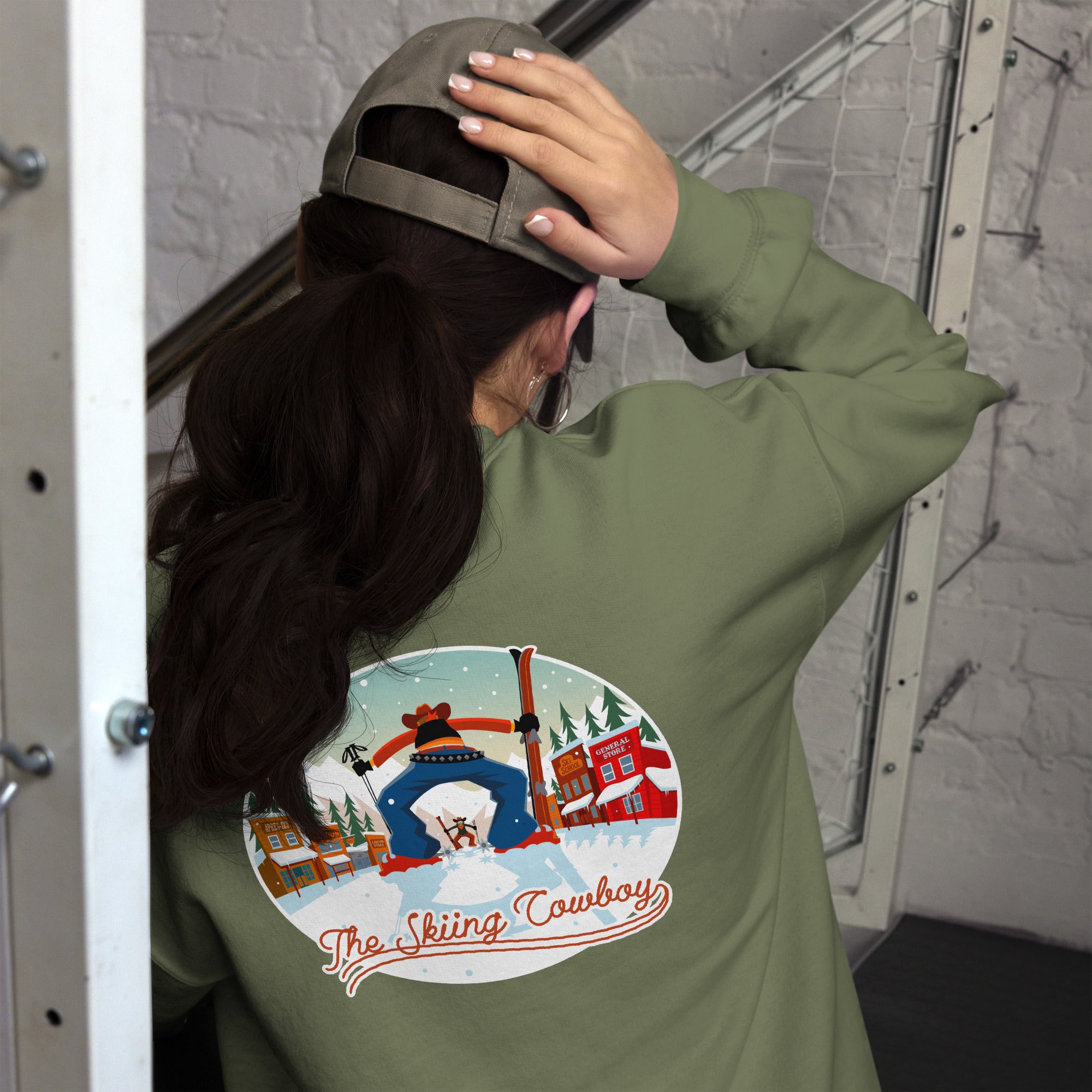 Sweat Unisexe à Col Rond Ski Fight at OK Corral sur couleurs foncées (face & dos)