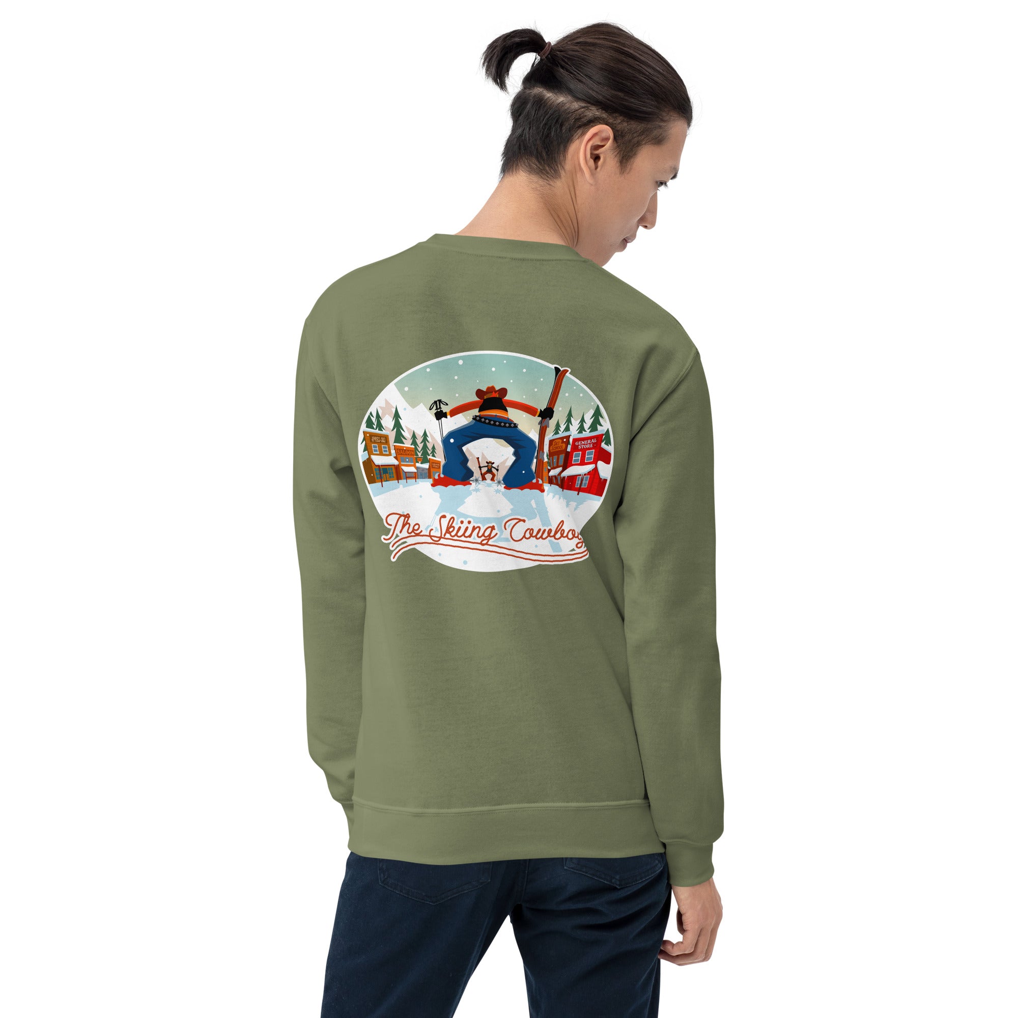 Sweat Unisexe à Col Rond Ski Fight at OK Corral sur couleurs foncées (face & dos)