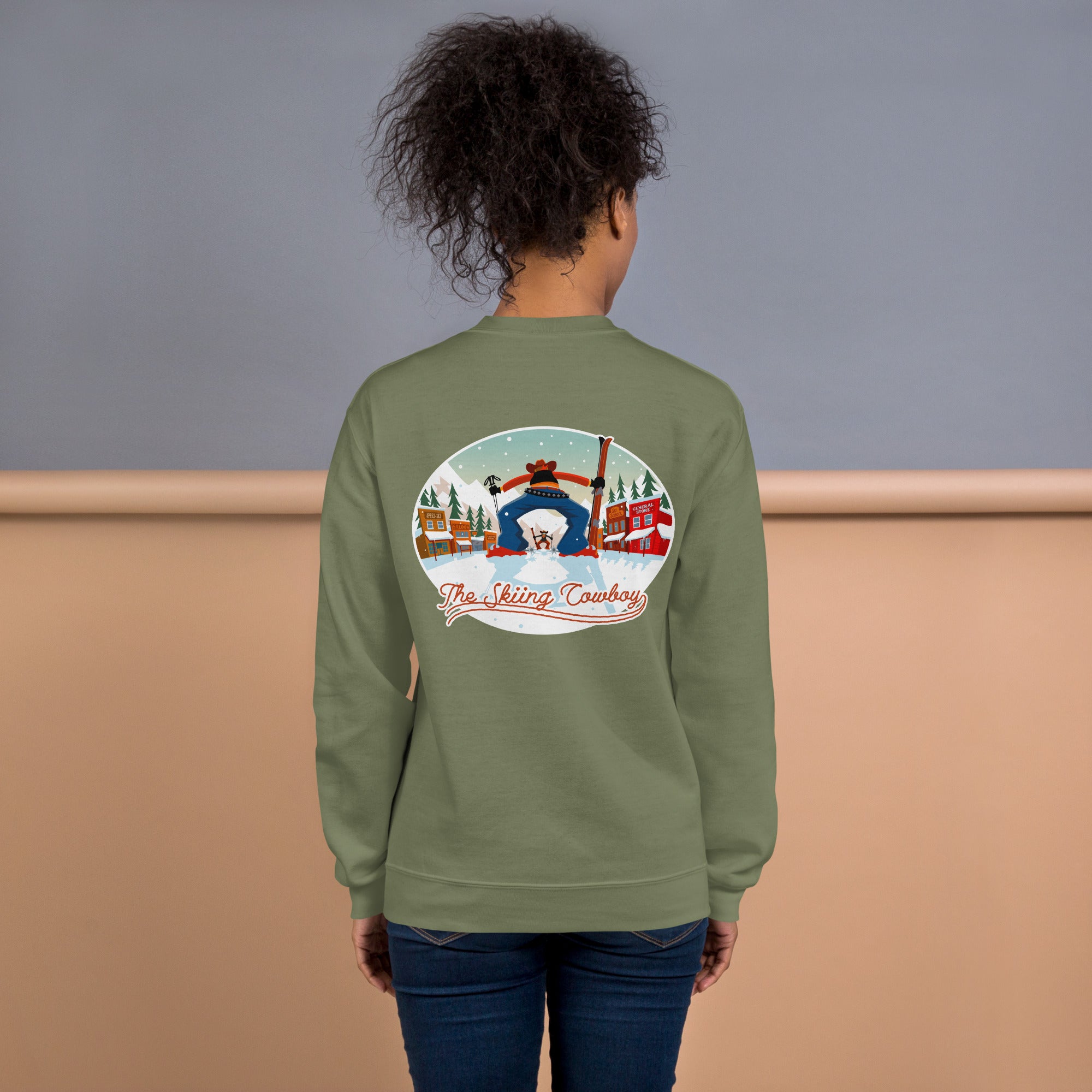 Sweat Unisexe à Col Rond Ski Fight at OK Corral sur couleurs foncées (face & dos)