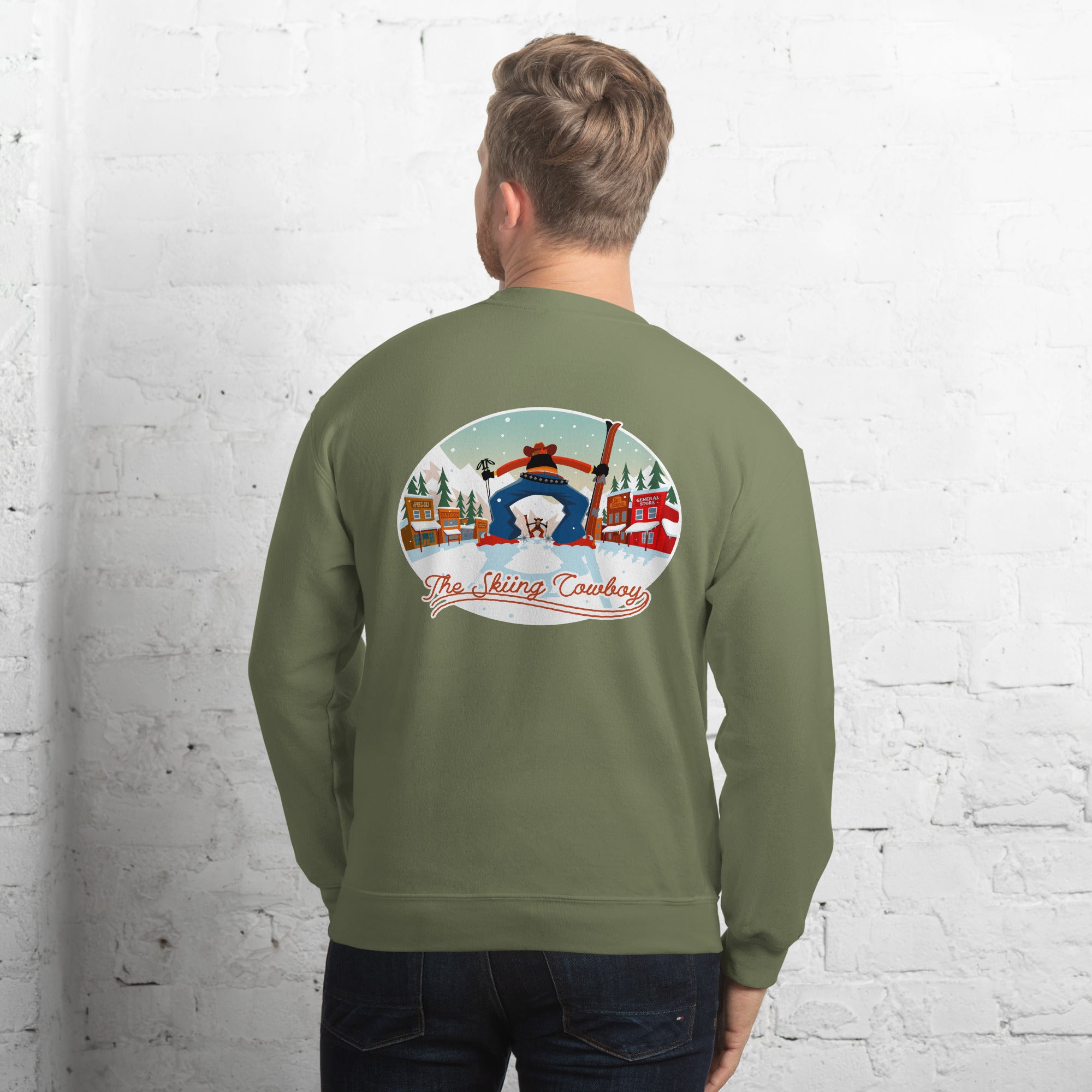 Sweat Unisexe à Col Rond Ski Fight at OK Corral sur couleurs foncées (face & dos)