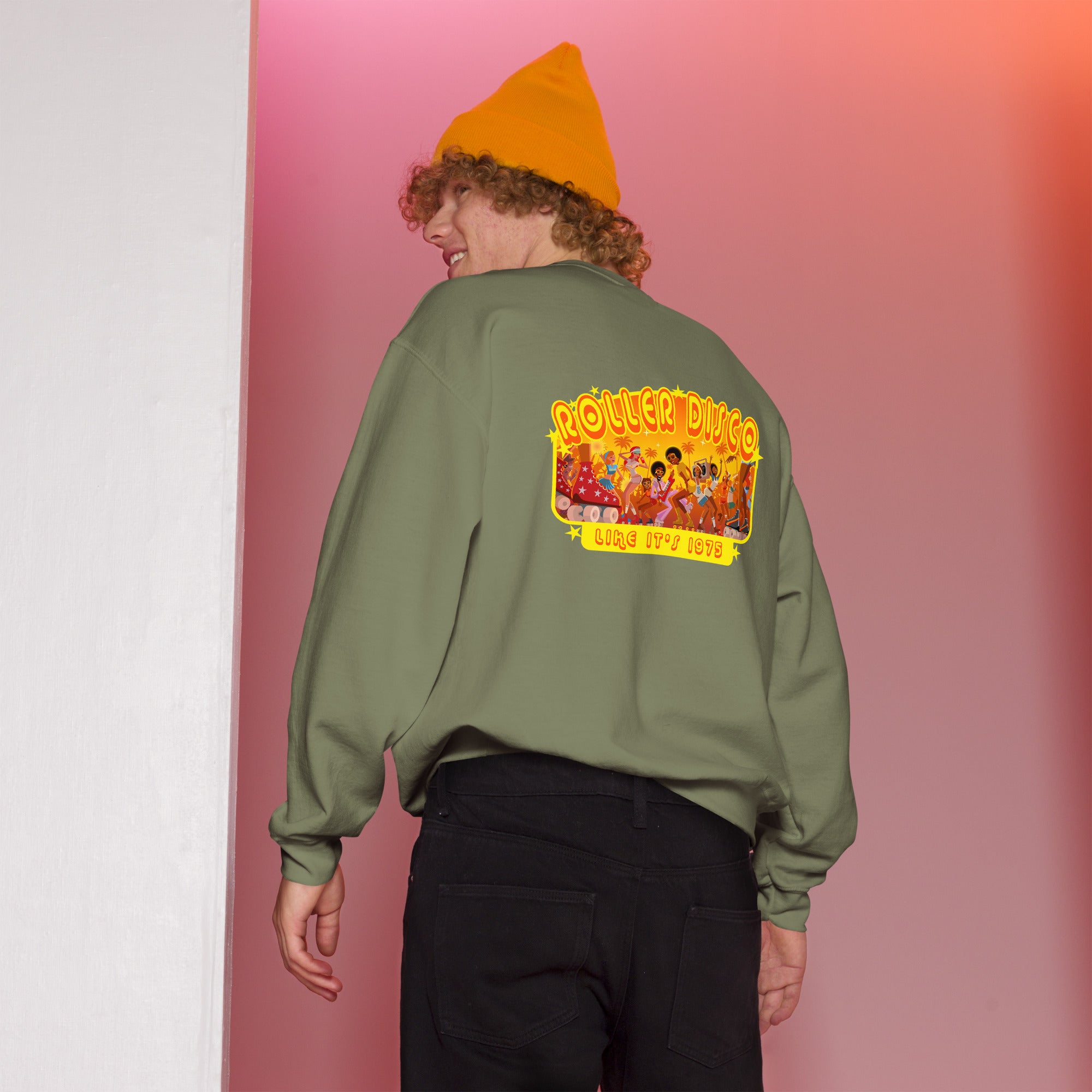 Sweat Unisexe à Col Rond Roller Disco 1975 sur couleurs foncées (face & dos)