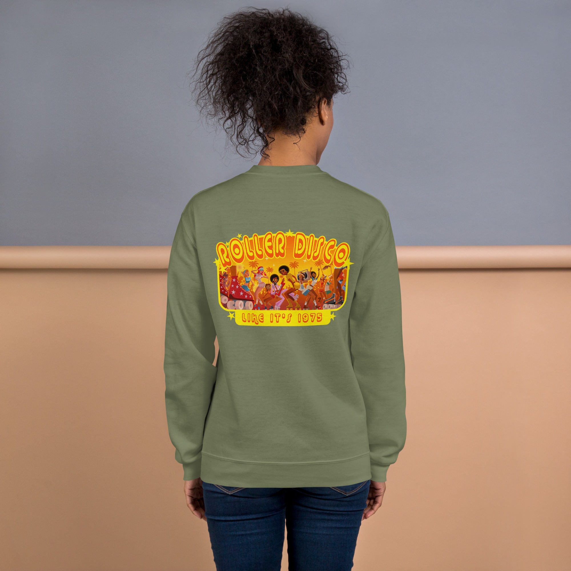 Sweat Unisexe à Col Rond Roller Disco 1975 sur couleurs foncées (face & dos)