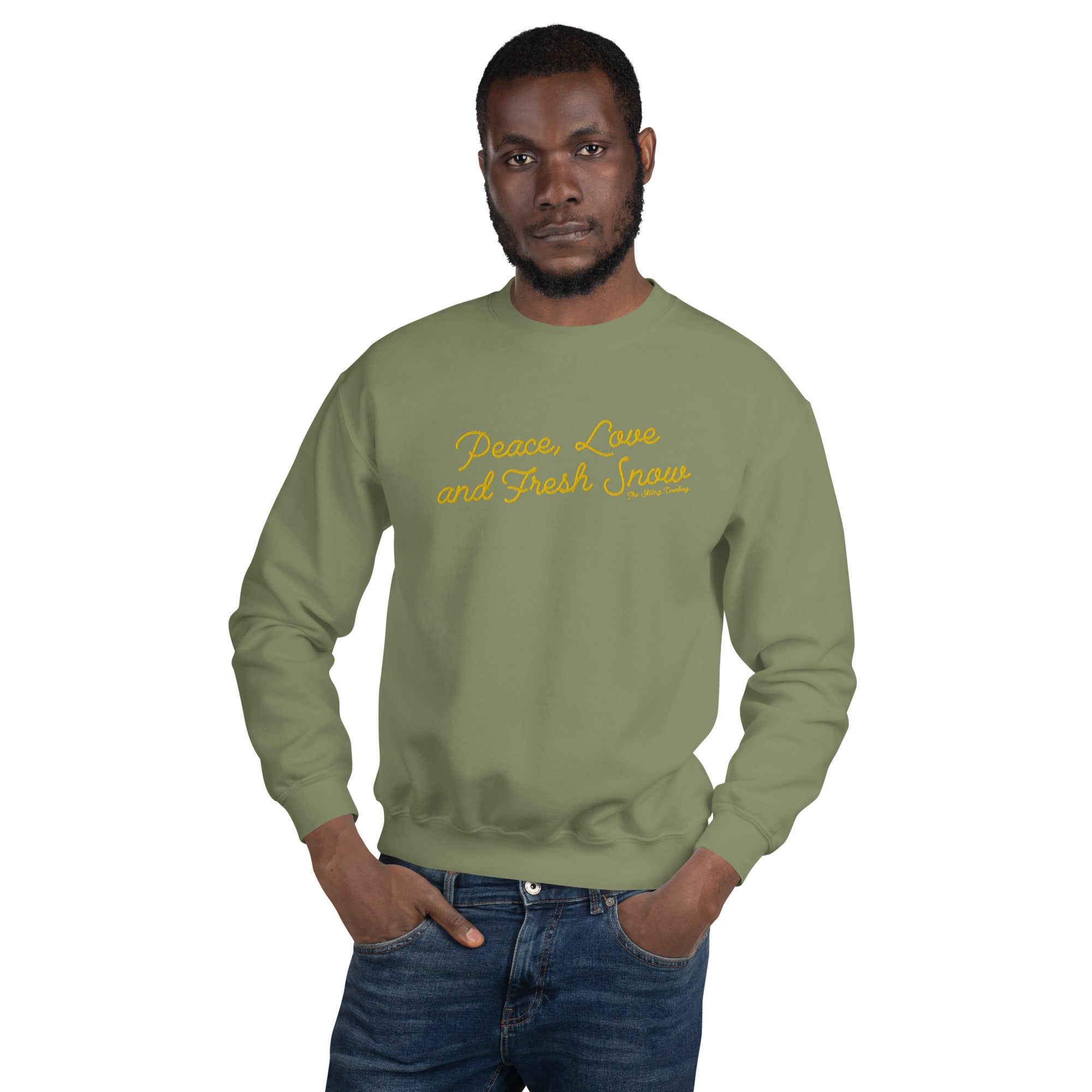Sweat Unisexe à Col Rond Peace, Love and Fresh Snow grand motif brodé