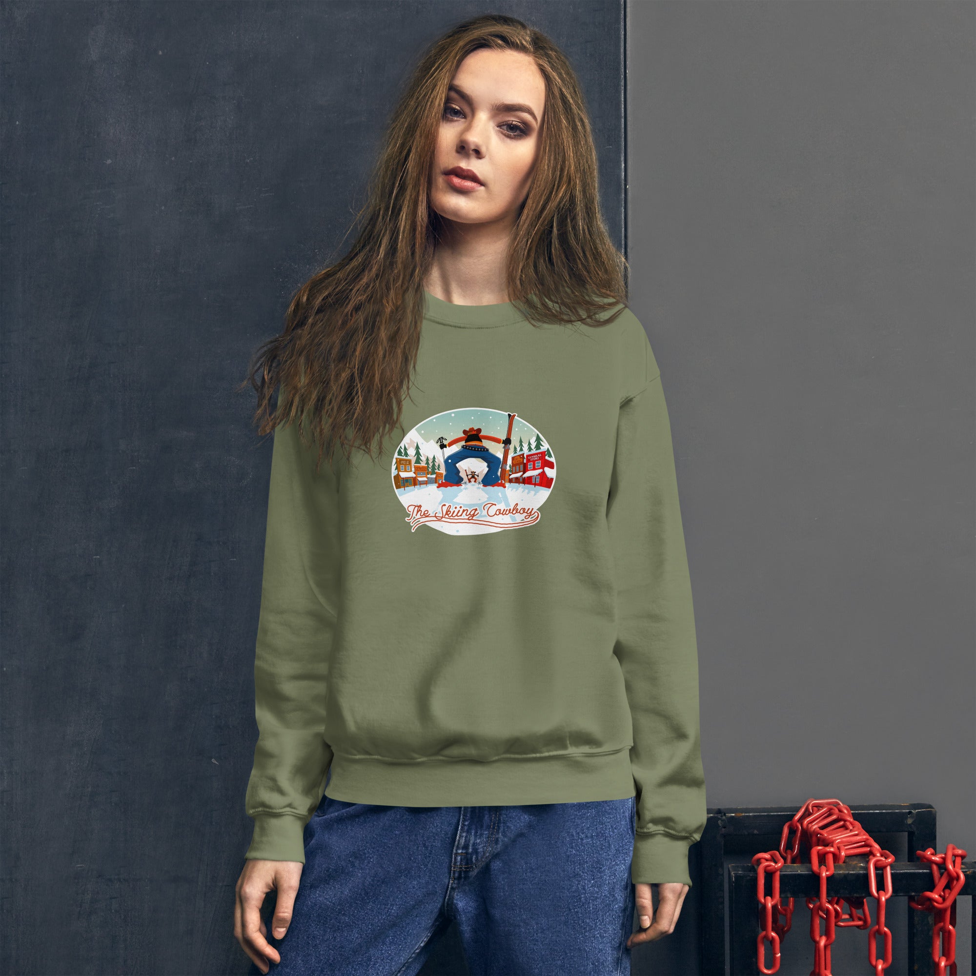 Sweat Unisexe à Col Rond Ski Fight at OK Corral sur couleurs foncées (face & dos)