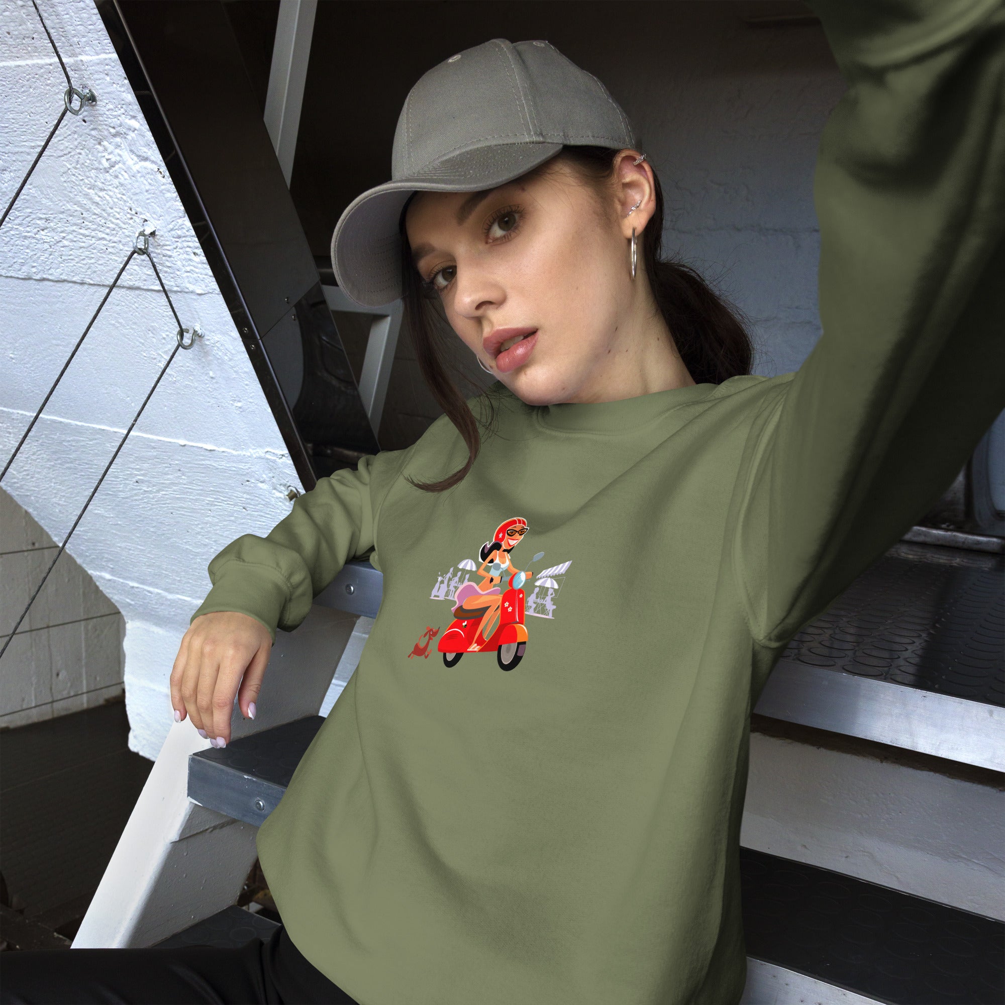Unisex Sweatshirt Vespa Girl in St Tropez on dark colors