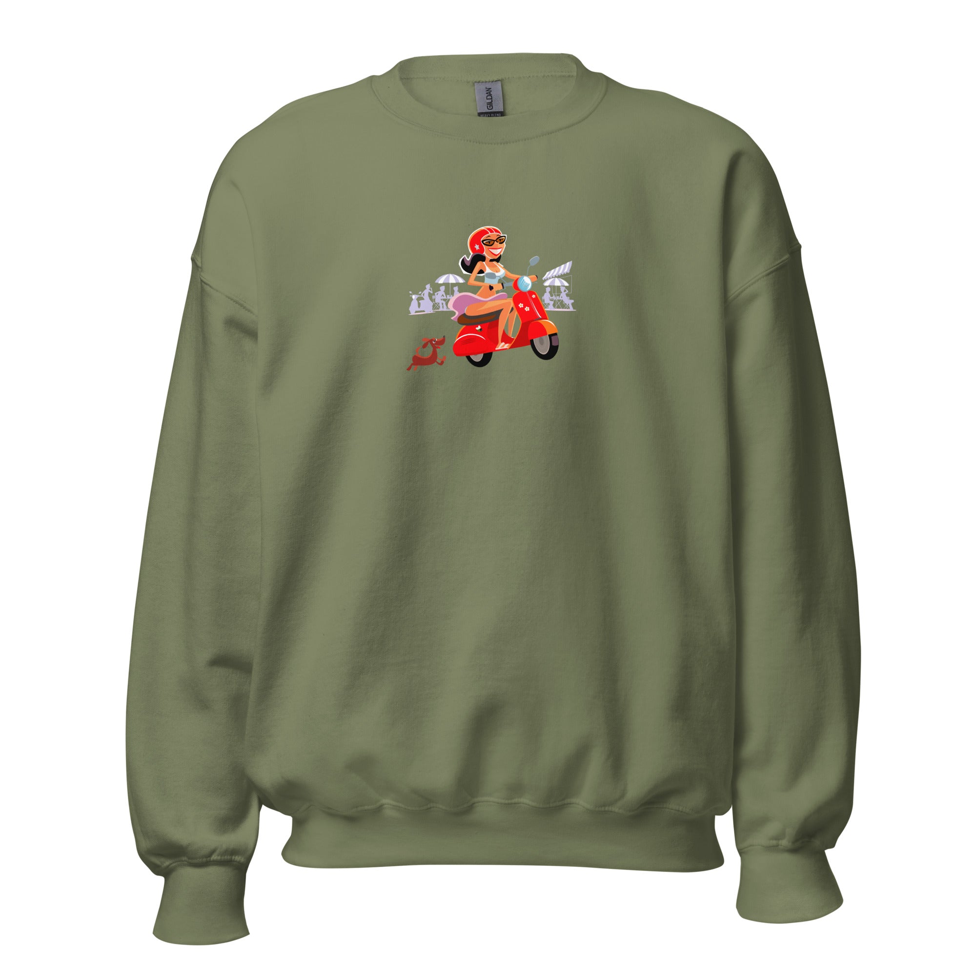 Unisex Sweatshirt Vespa Girl in St Tropez on dark colors