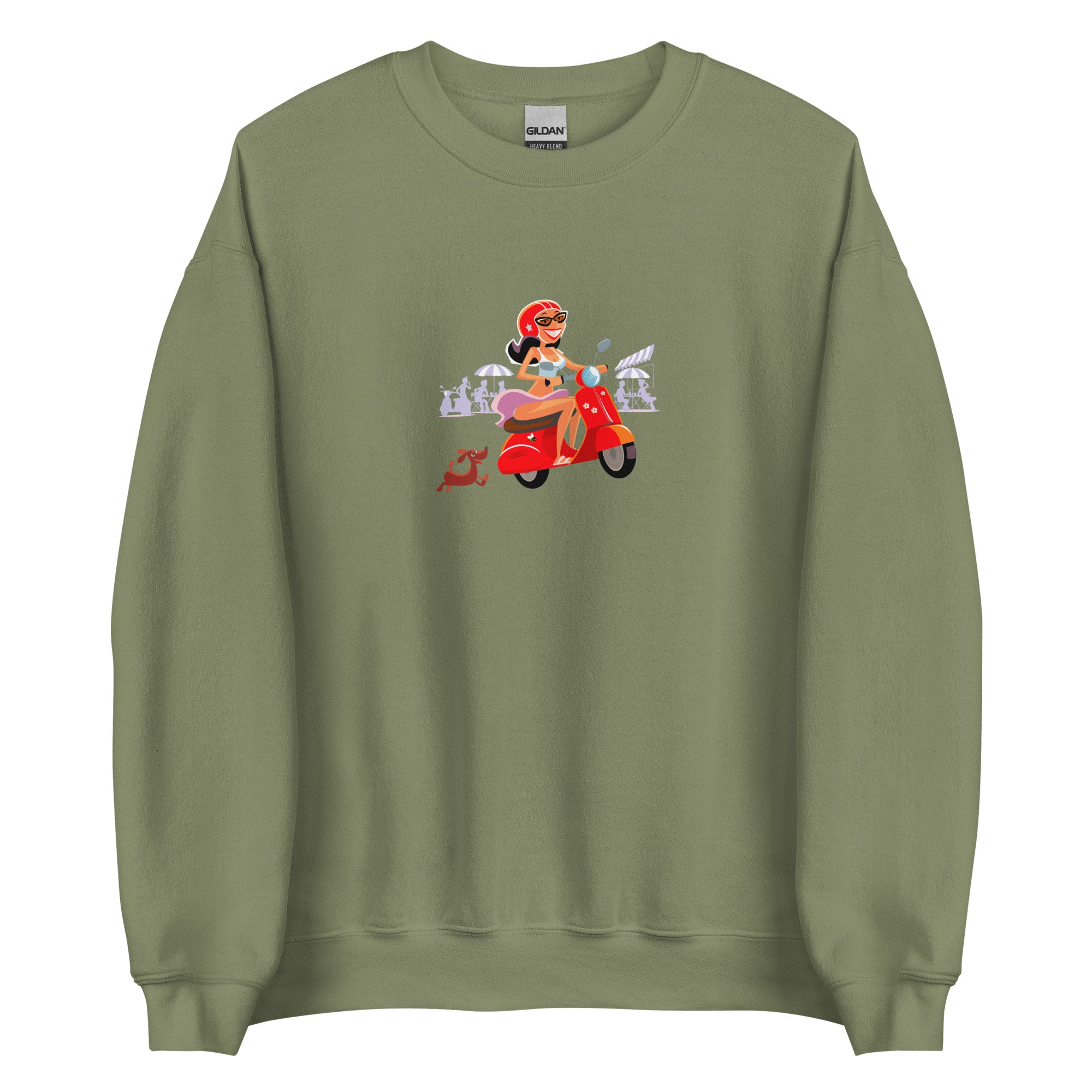 Unisex Sweatshirt Vespa Girl in St Tropez on dark colors