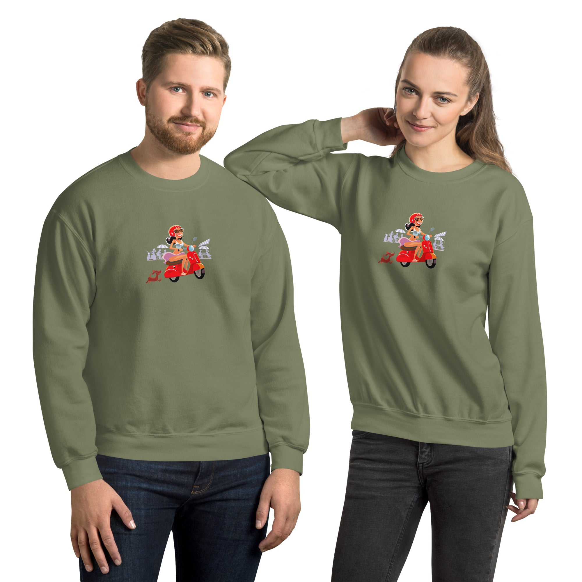 Unisex Sweatshirt Vespa Girl in St Tropez on dark colors