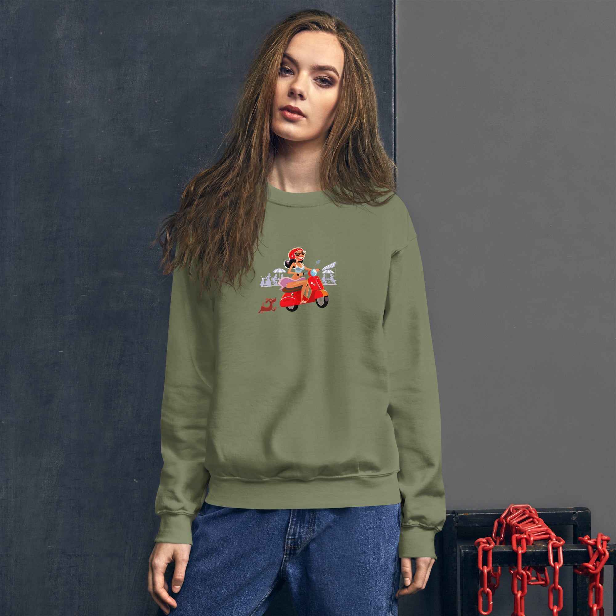Unisex Sweatshirt Vespa Girl in St Tropez on dark colors