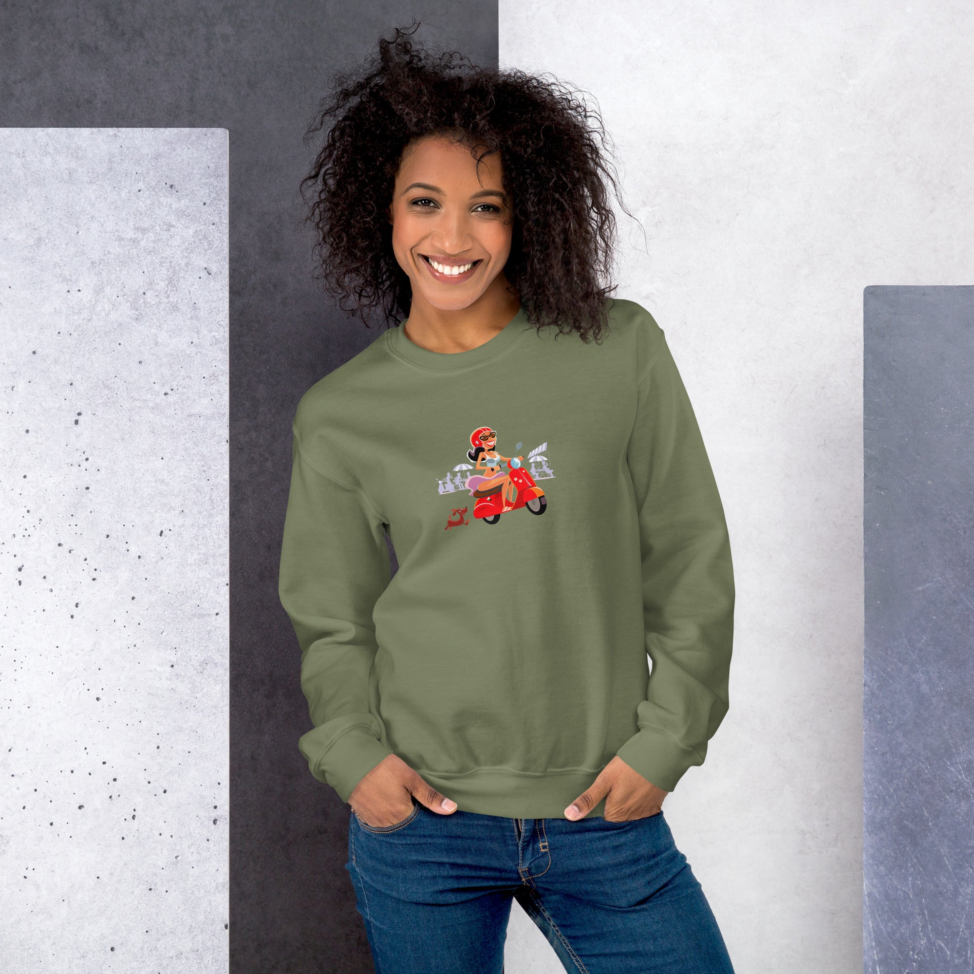 Unisex Sweatshirt Vespa Girl in St Tropez on dark colors