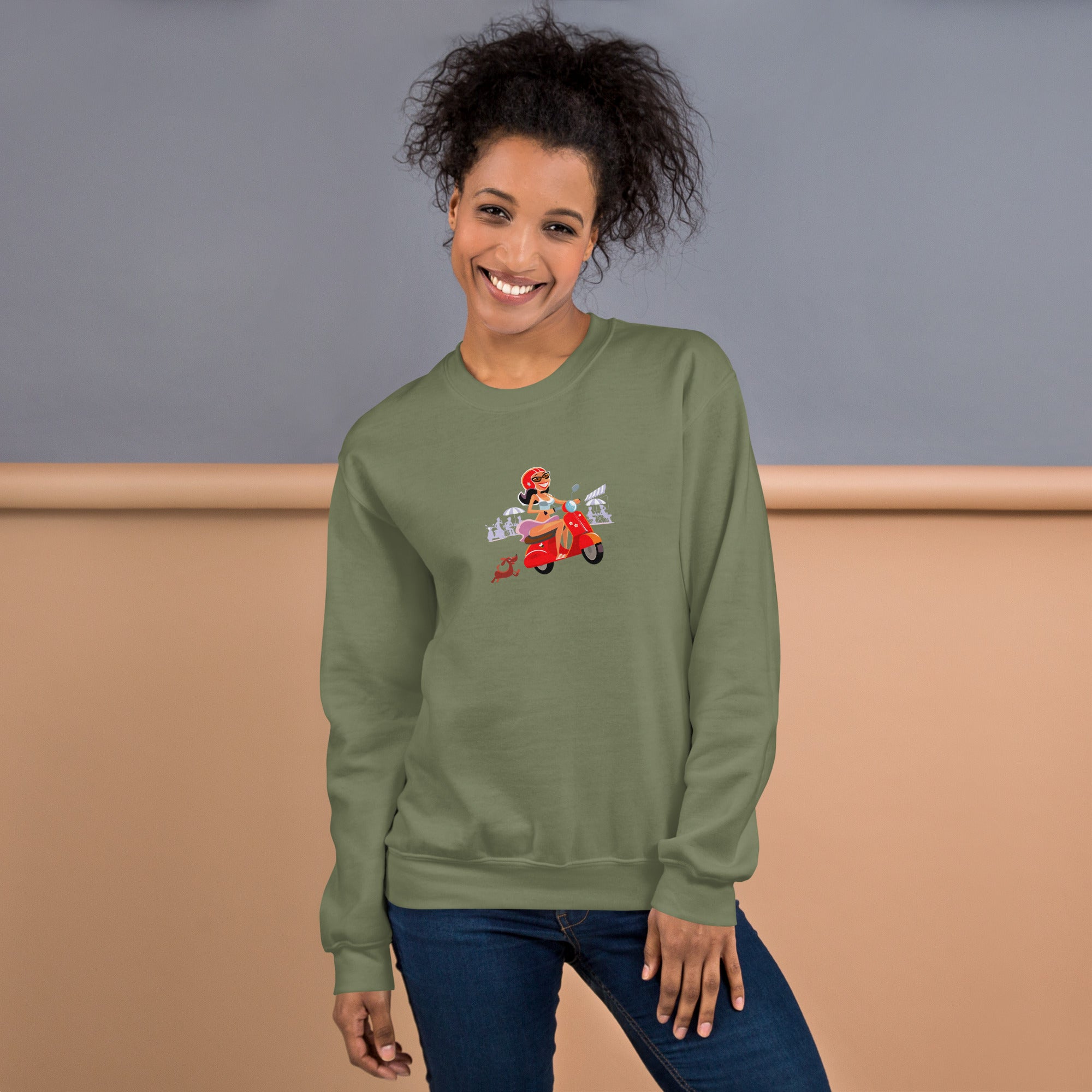 Unisex Sweatshirt Vespa Girl in St Tropez on dark colors
