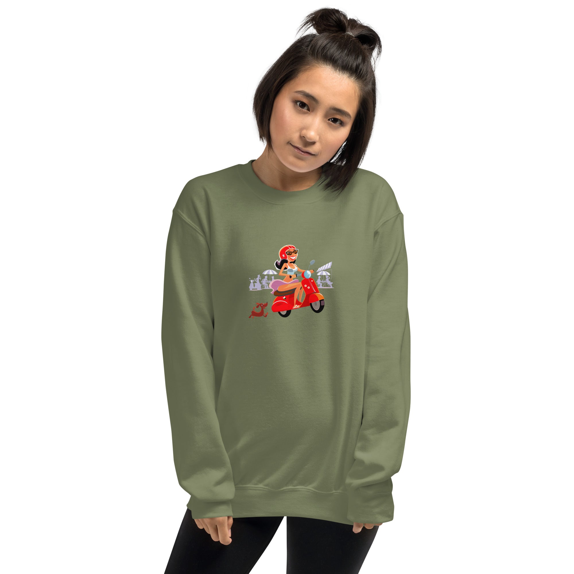 Unisex Sweatshirt Vespa Girl in St Tropez on dark colors