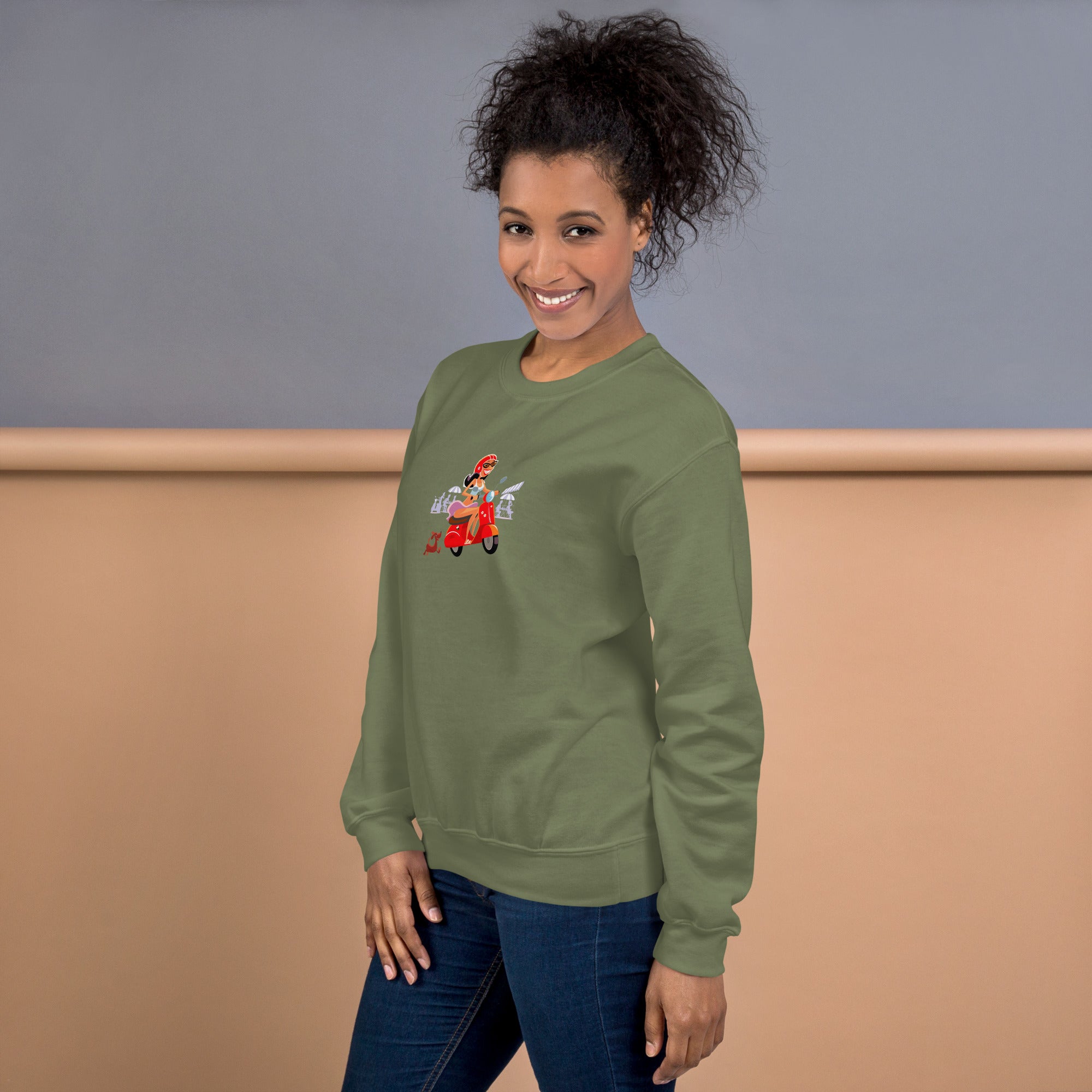 Unisex Sweatshirt Vespa Girl in St Tropez on dark colors