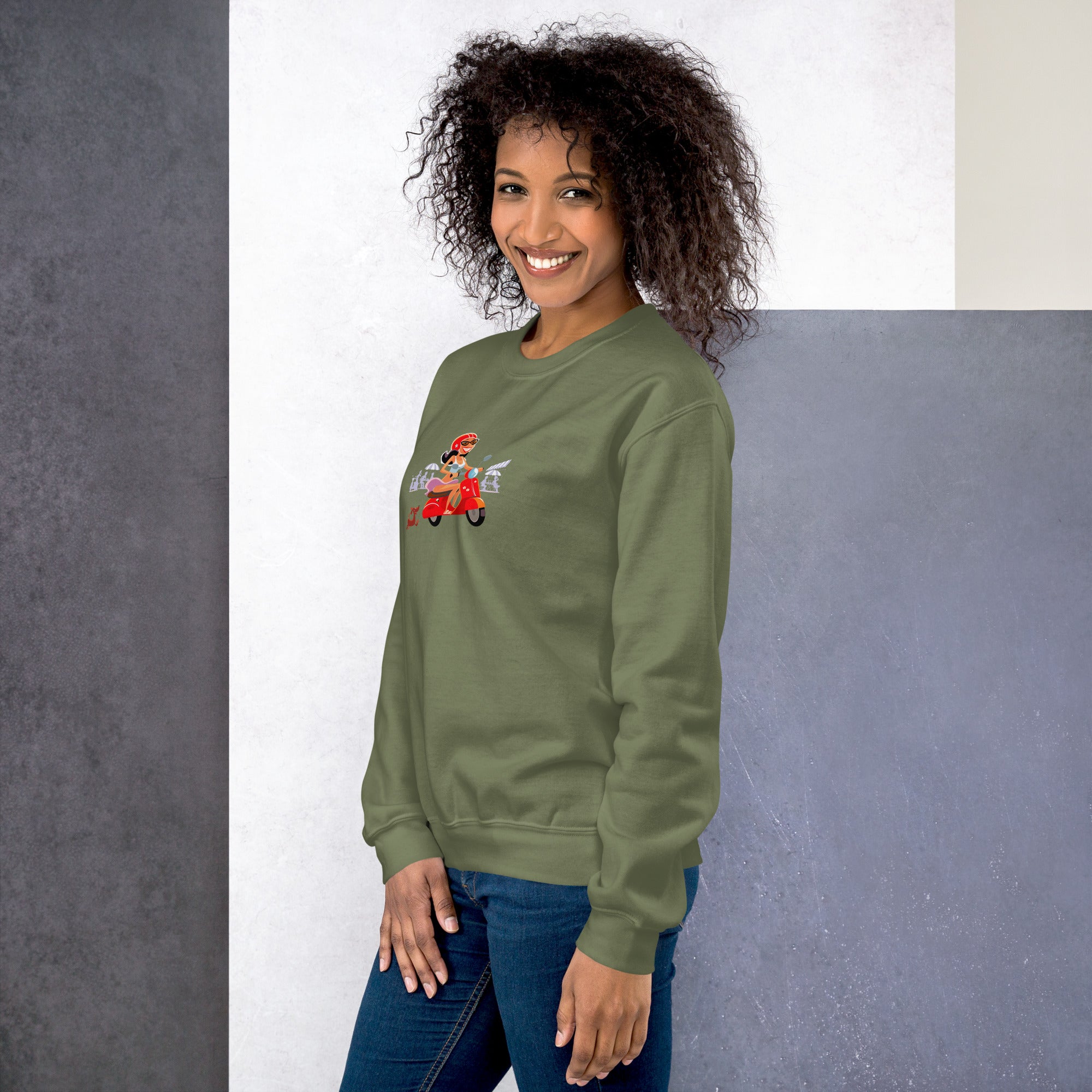 Unisex Sweatshirt Vespa Girl in St Tropez on dark colors