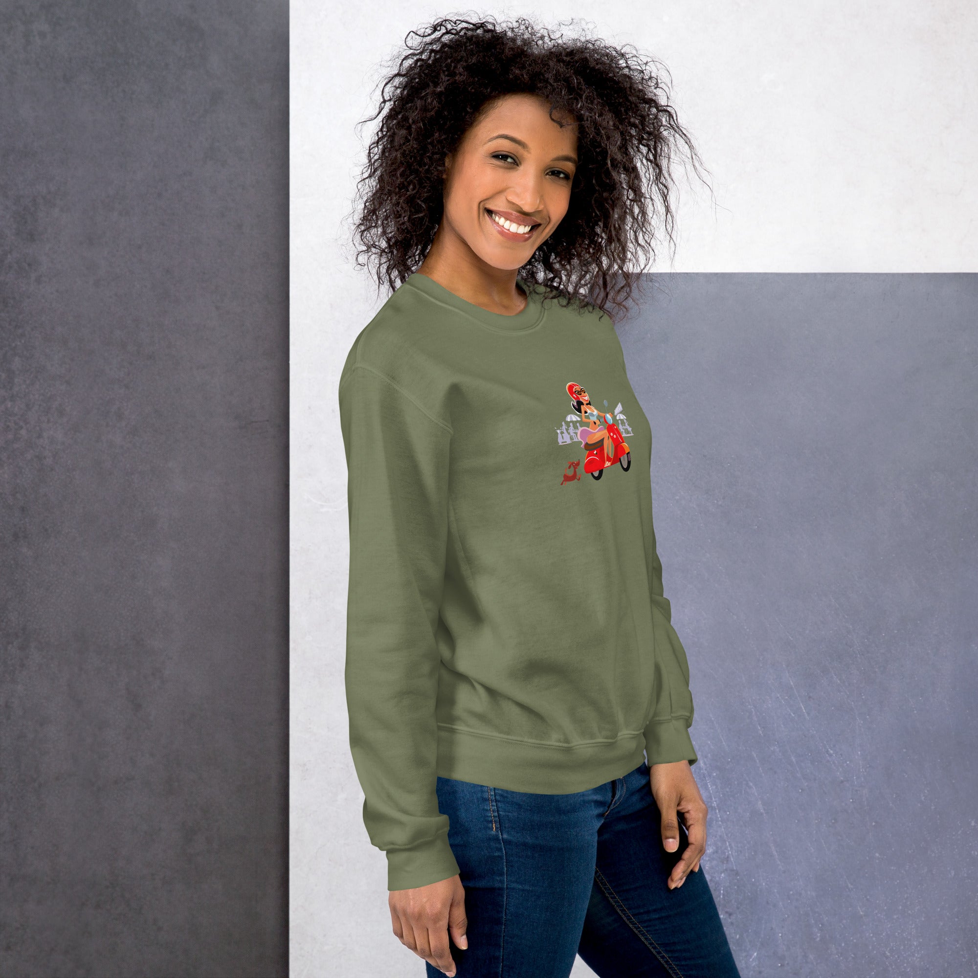 Unisex Sweatshirt Vespa Girl in St Tropez on dark colors