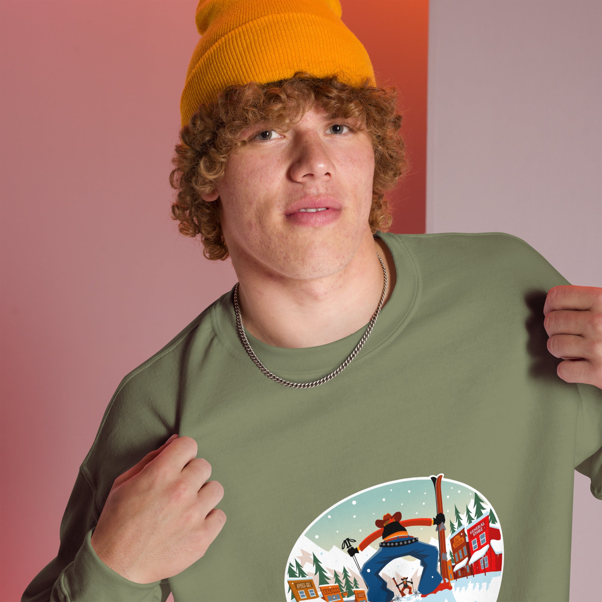 Sweat Unisexe à Col Rond Ski Fight at OK Corral sur couleurs foncées (face & dos)