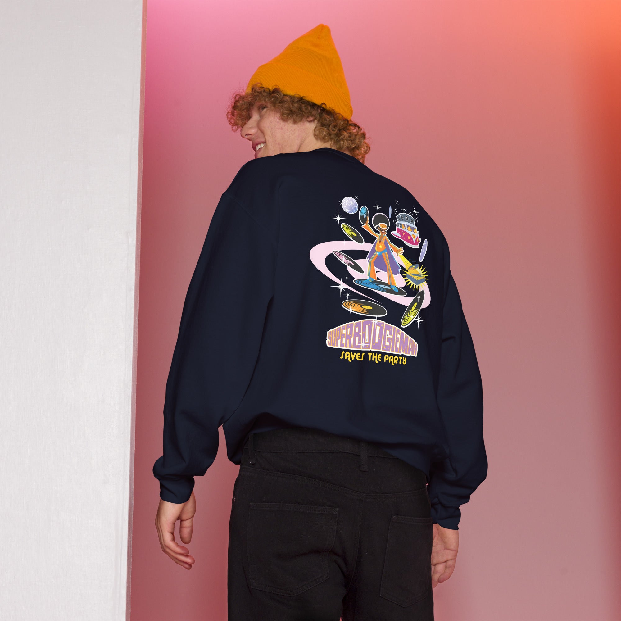 Sweat Unisexe à Col Rond Superboogieman sur couleurs foncées (face & dos)